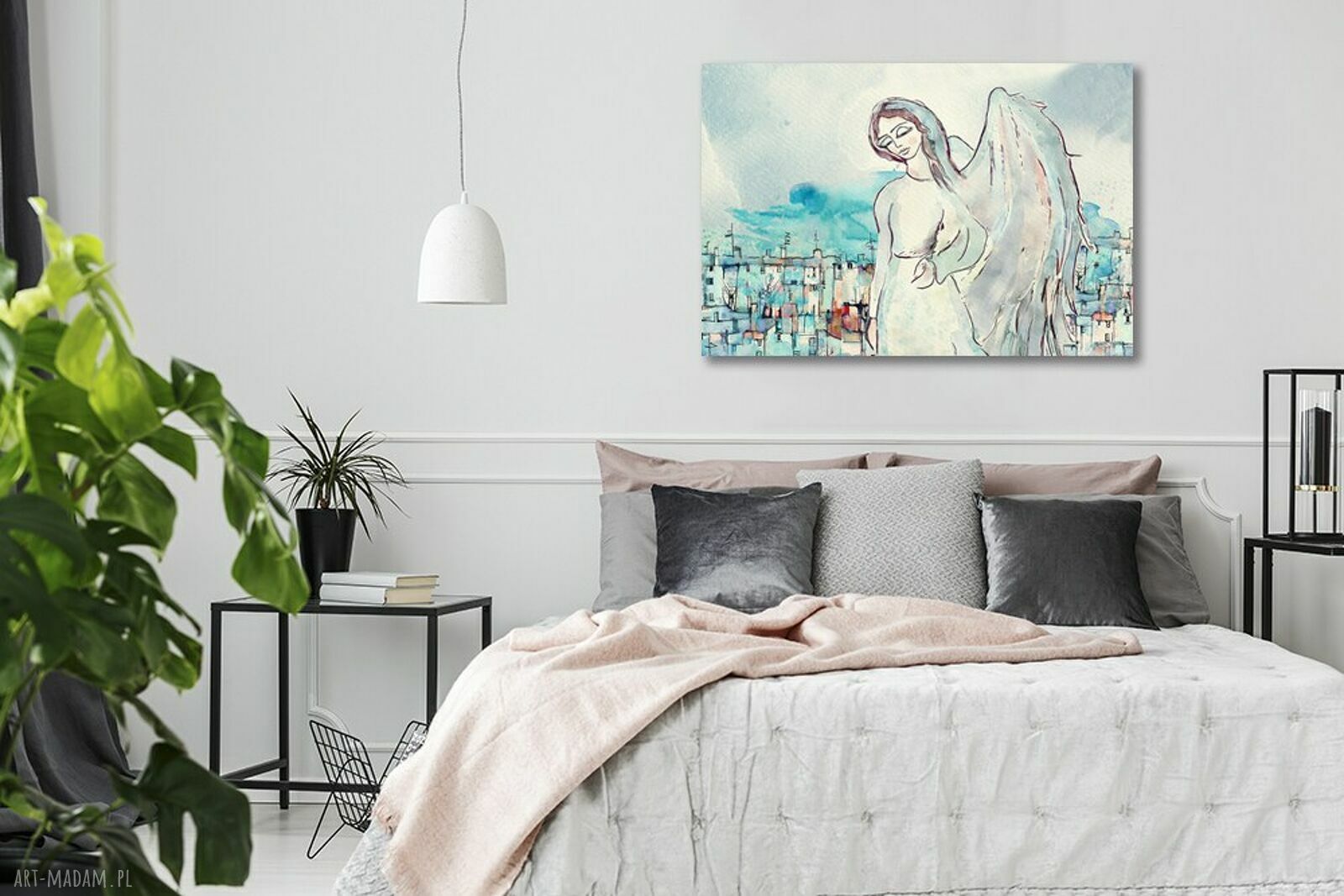 Obraz na płótnie Anioł Stróż w niebieskim mieście 120x80 cm