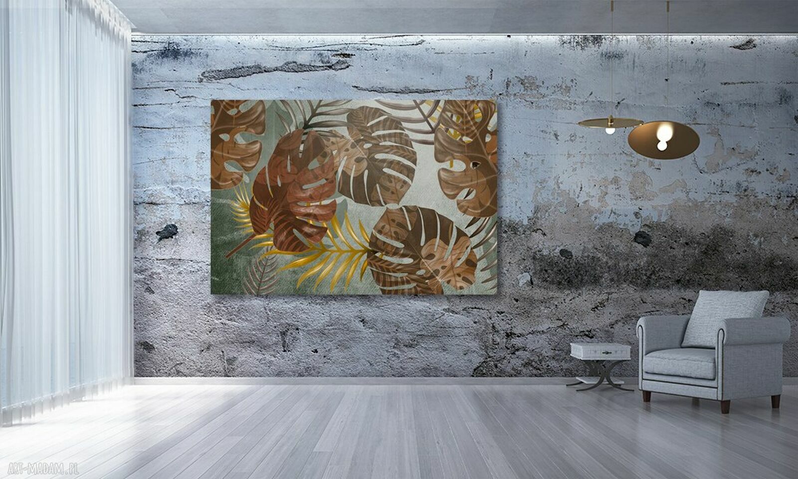Obraz na płótnie do salonu - liście monstery w zieleni i złocie 120x80 cm