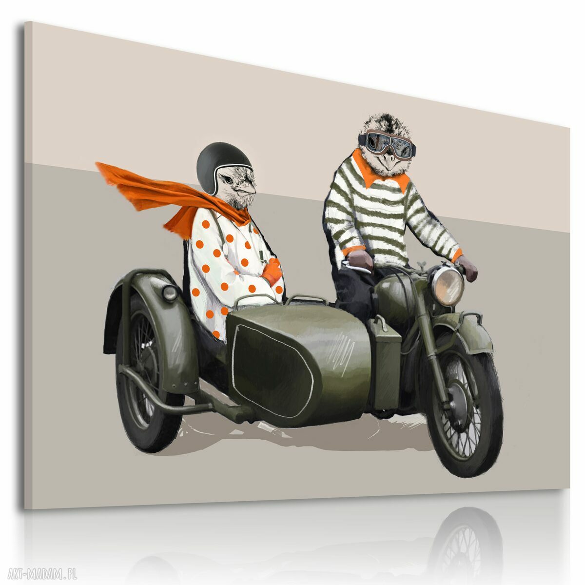 Kurczaki na motocyklu - obraz na płótnie 120x80 cm (gotowy do zawieszenia)