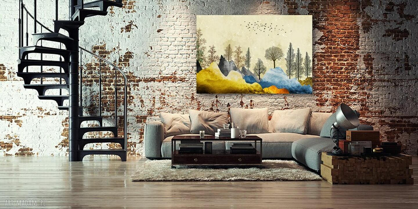 Obraz na płótnie 120x80 cm - abstrakcyjne złote góry, drzewa i ptaki