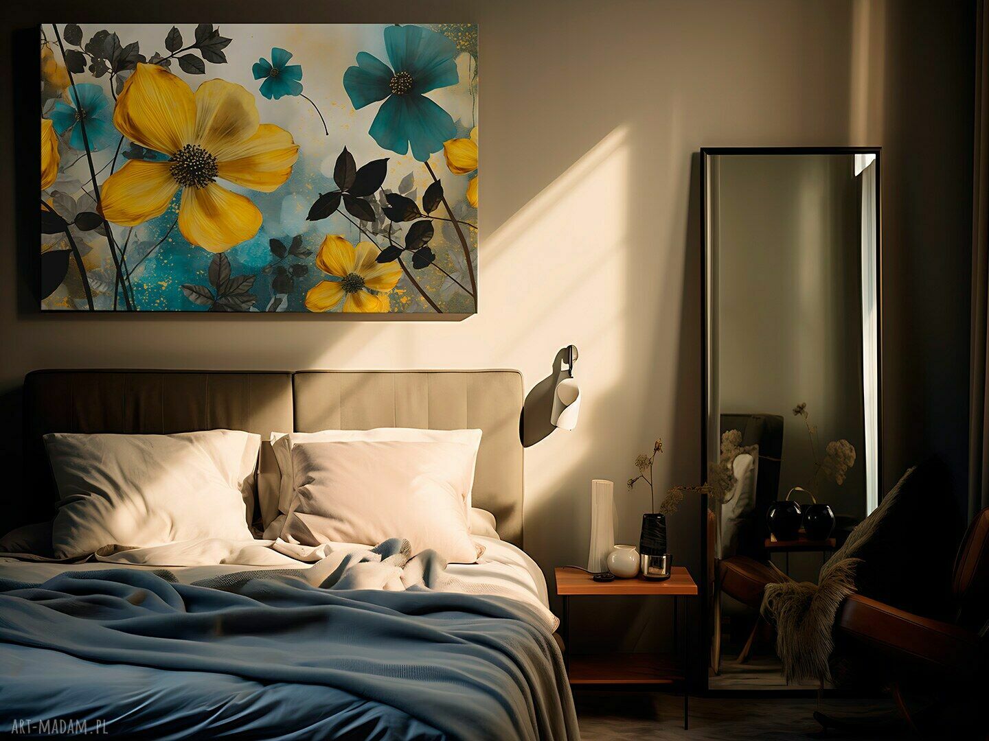 Obraz na płótnie z nagietkami w turkusie 120x80 cm