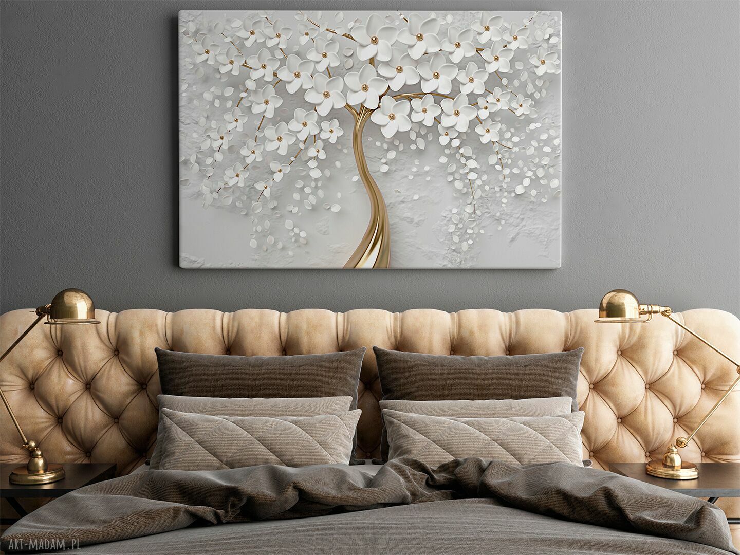 Obraz na płótnie Drzewo biało-złote kwiaty 120x80 cm - glamour