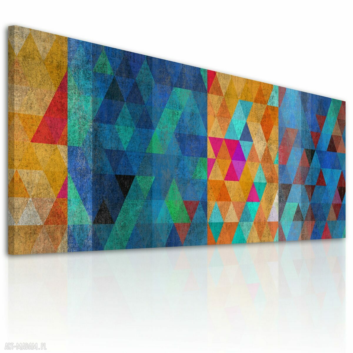Obraz na płótnie 147x60 cm - abstrakcyjne niebieskie trójkąty, gotowy do zawieszenia