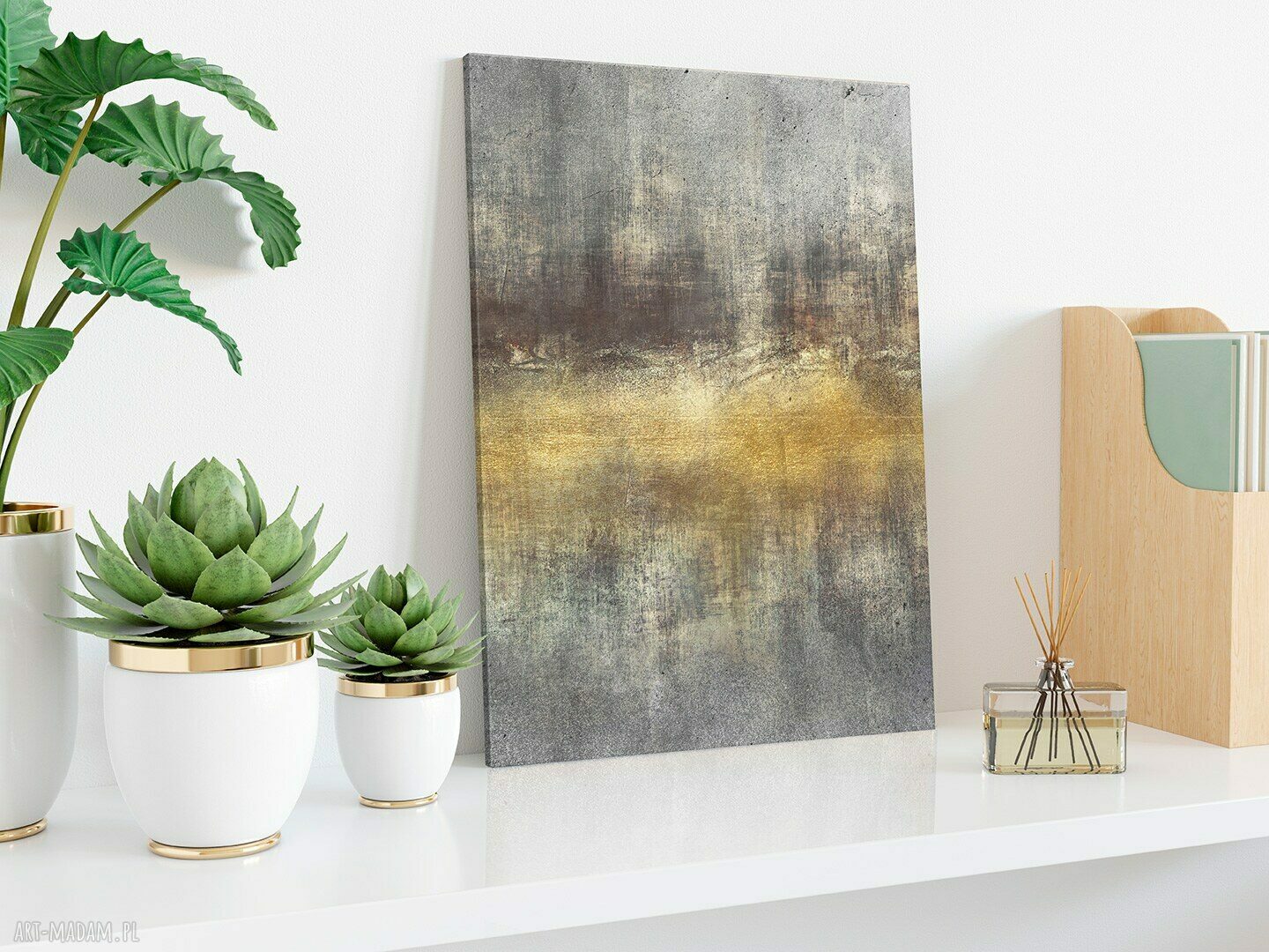 Abstrakcyjny obraz na płótnie w pionie 50x70 cm - żółto-szaro-złote akcenty