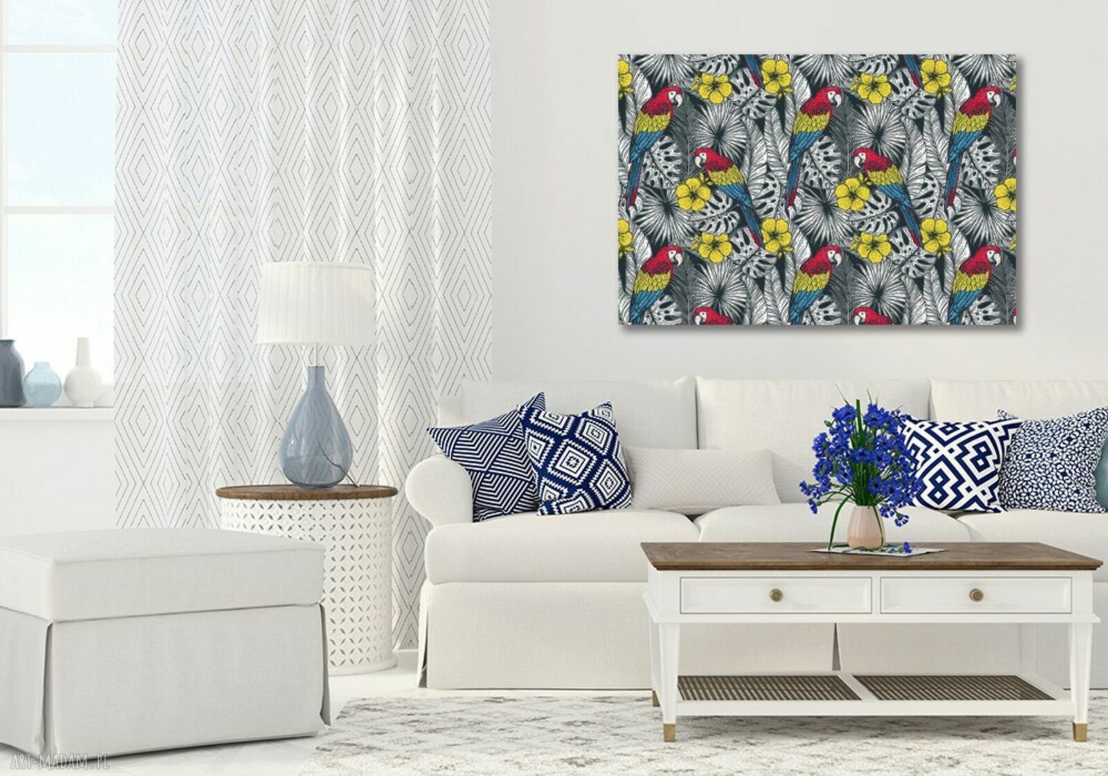 Egzotyczny obraz na płótnie z papugami, liśćmi i palmami 120x80 cm