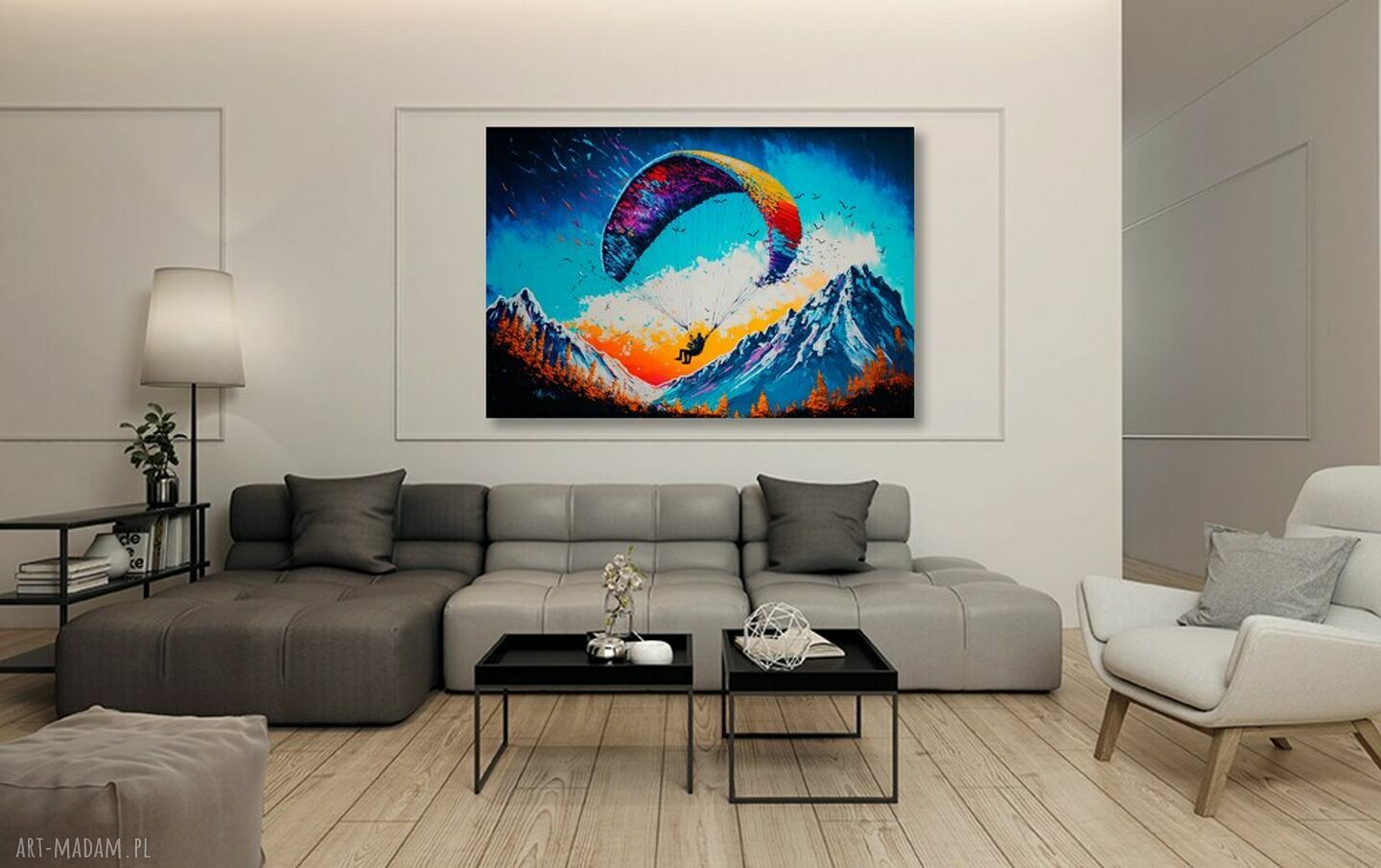 Obraz na płótnie PARALOTNIA - kolorowa abstrakcja 120x80 cm, lot w górach (gotowy do zawieszenia)