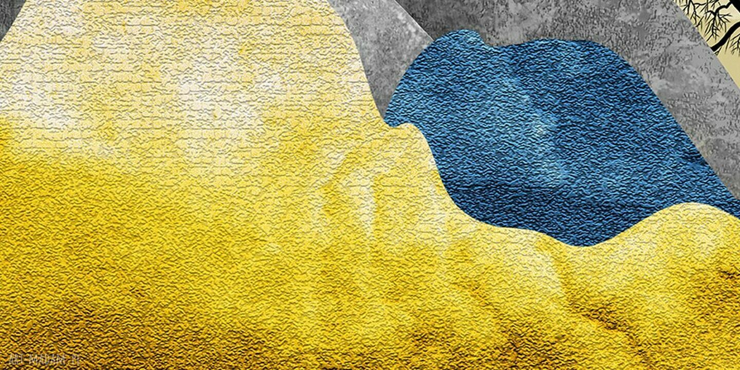 Obraz na płótnie 120x80 cm - abstrakcyjne złote góry, drzewa i ptaki