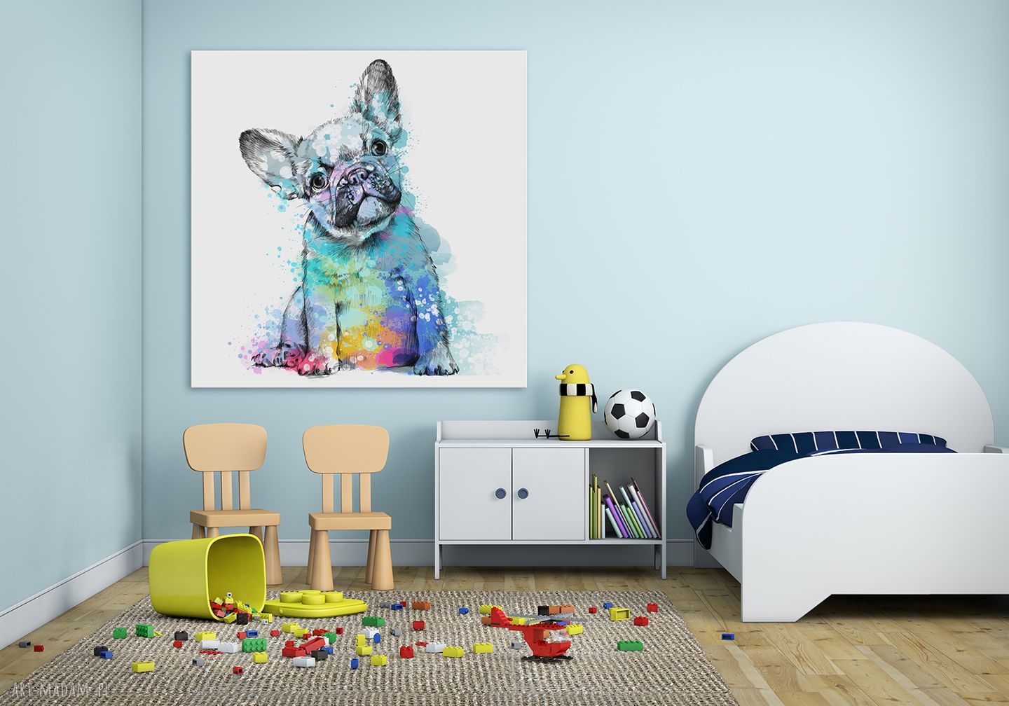Obraz na płótnie z buldożkiem francuskim w kolorowe plamy 50x50 cm
