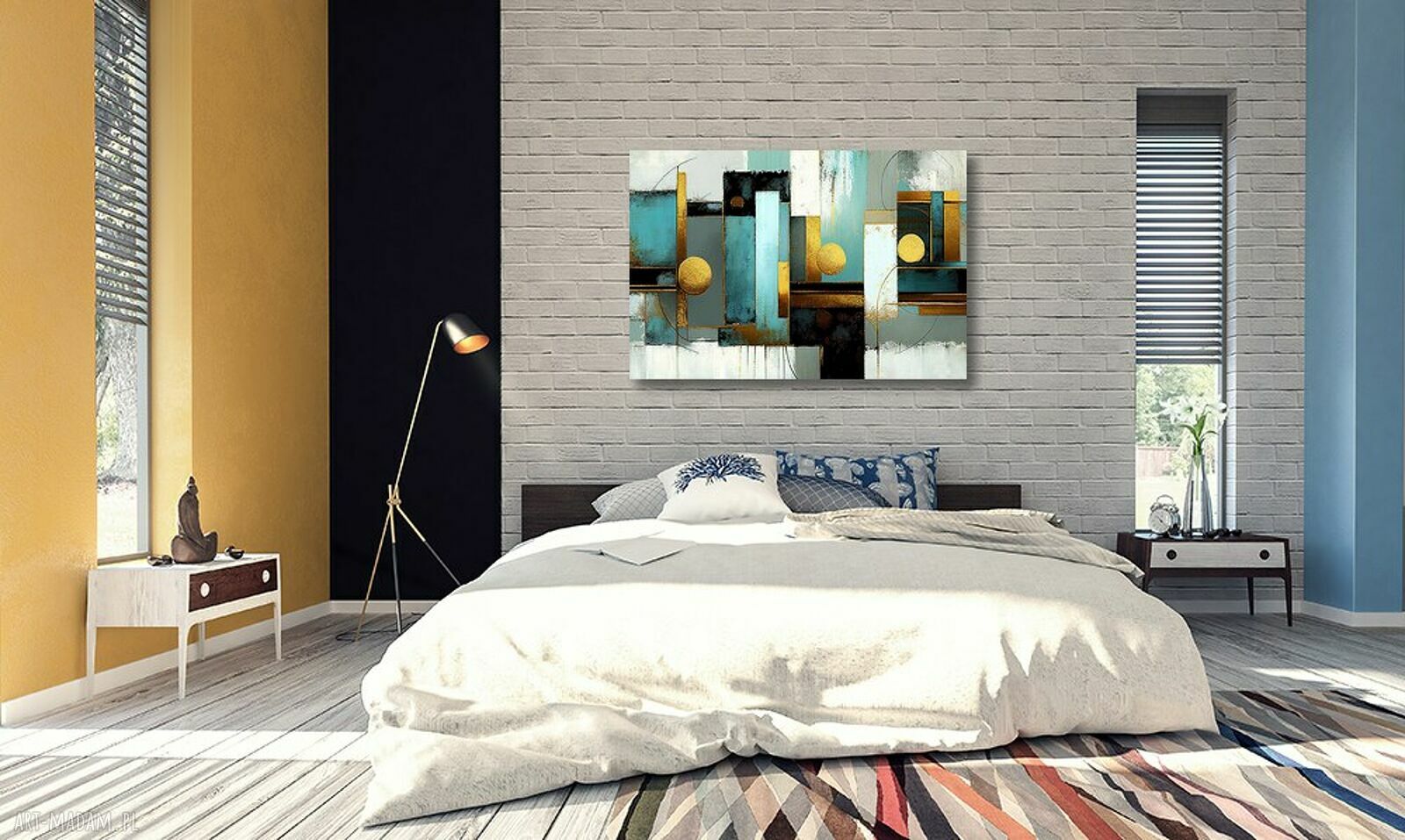 Geometryczny obraz abstrakcyjny na płótnie 120x80 cm - błękit i złoto