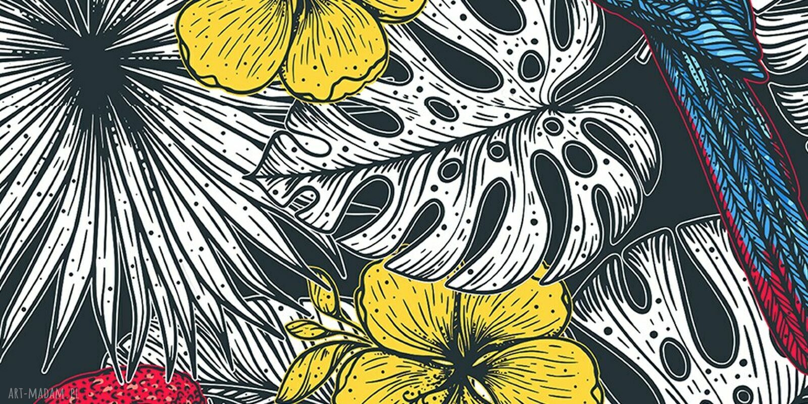 Egzotyczny obraz na płótnie z papugami, liśćmi i palmami 120x80 cm