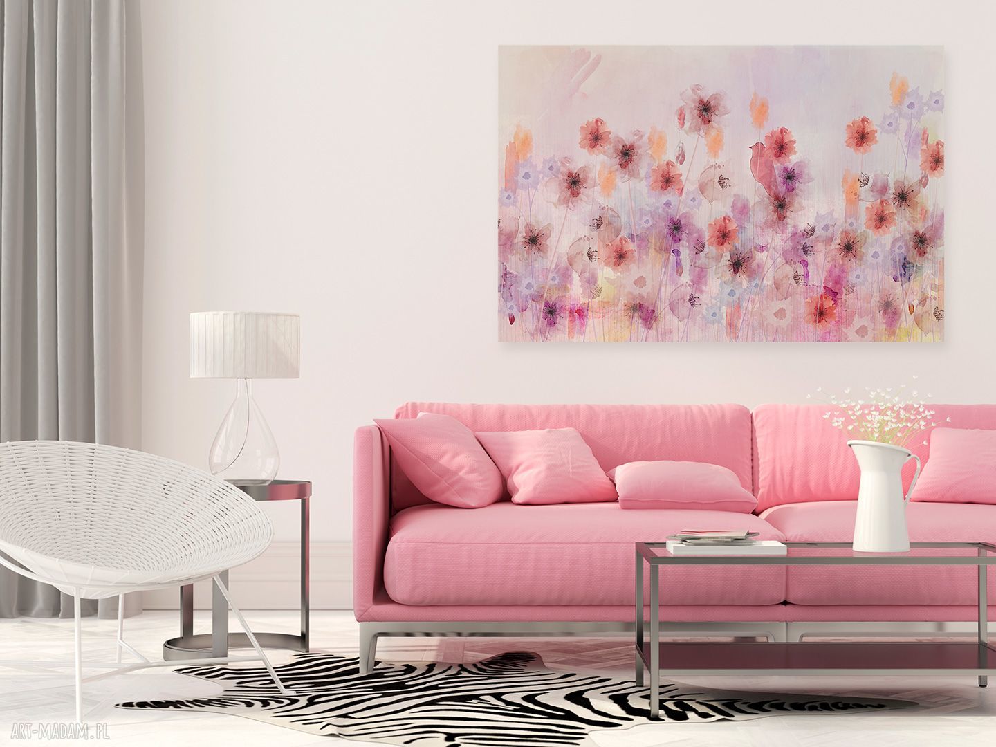 Obraz na płótnie - kwiaty łąka ptak różowy - 120x80 cm (86501)