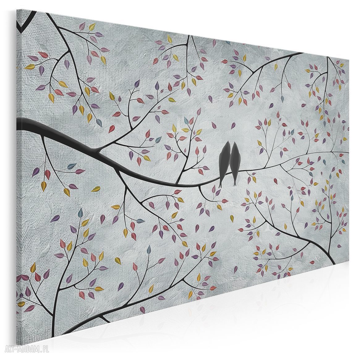 Autorski obraz na płótnie 120x80 cm - ptaki, gałęzie, liście i miłość