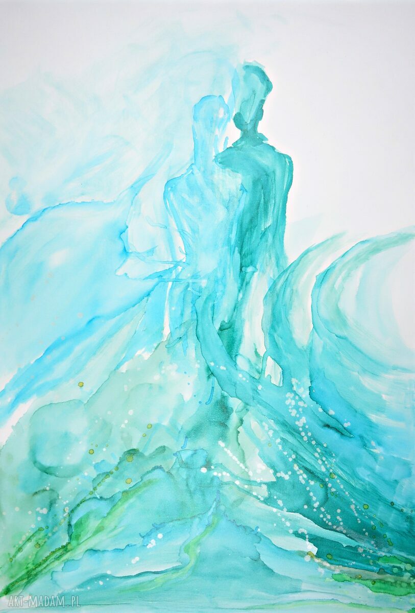 Obraz na płótnie malowany ręcznie tuszem 70x100 cm - abstrakcja turkusowa