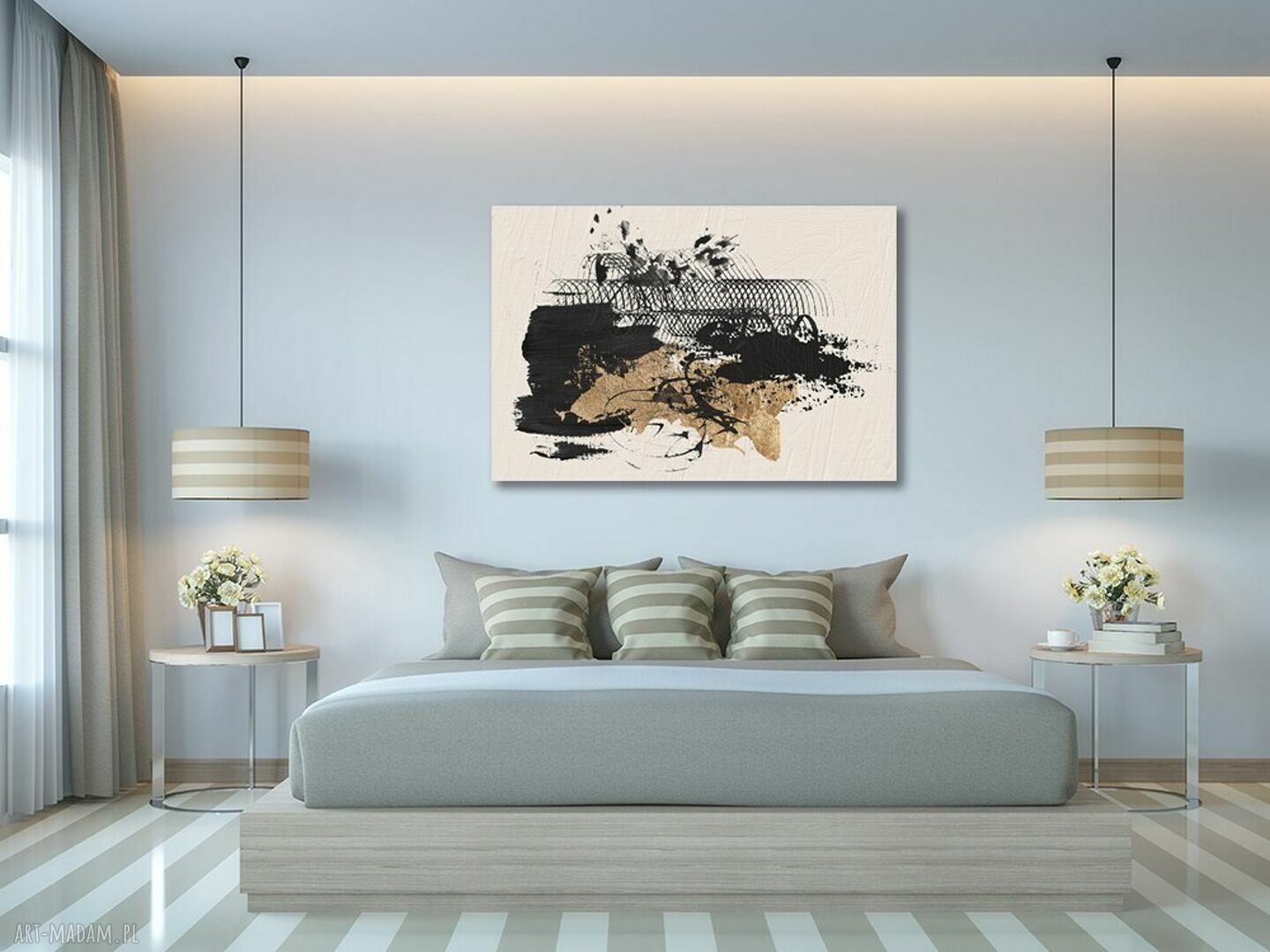 Czarno-złoty obraz abstrakcyjny na płótnie 120x80 cm - loftowe kreski