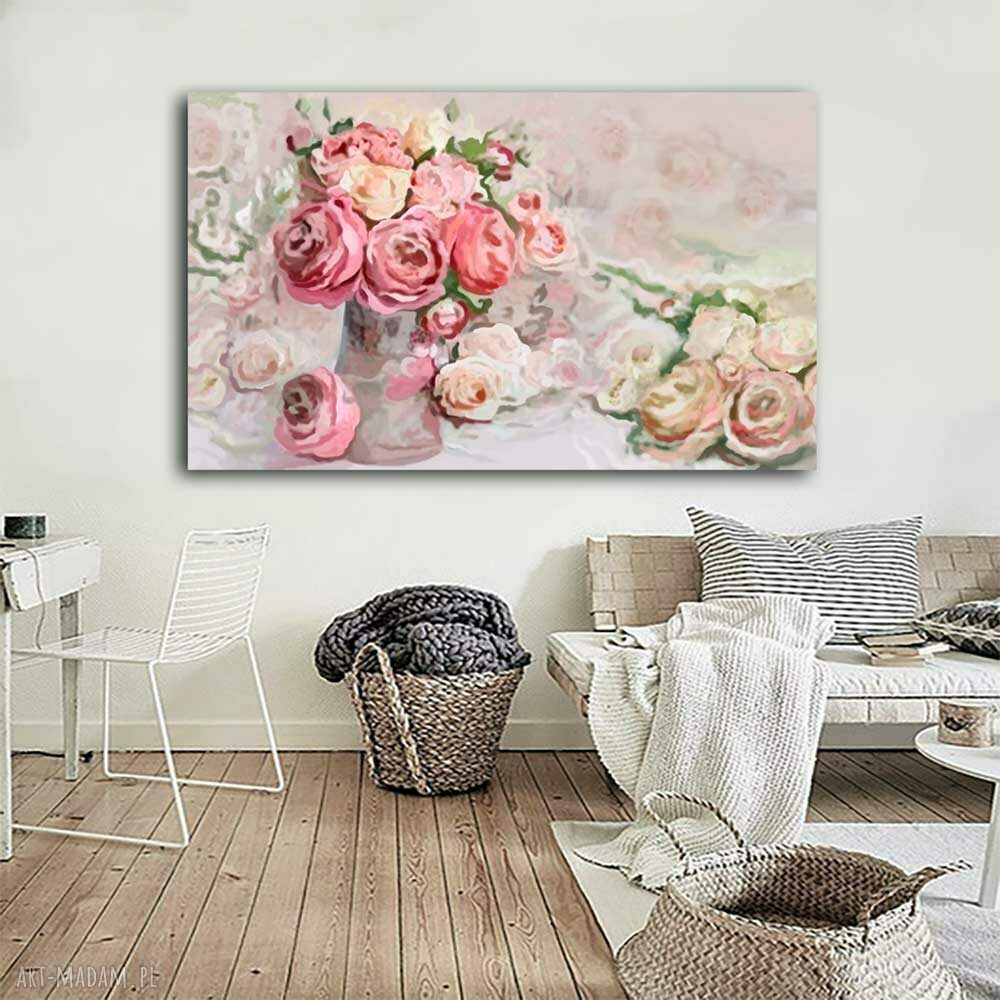 Pastelowy obraz na płótnie 100x60 - róże i piwonie w stylu glamour