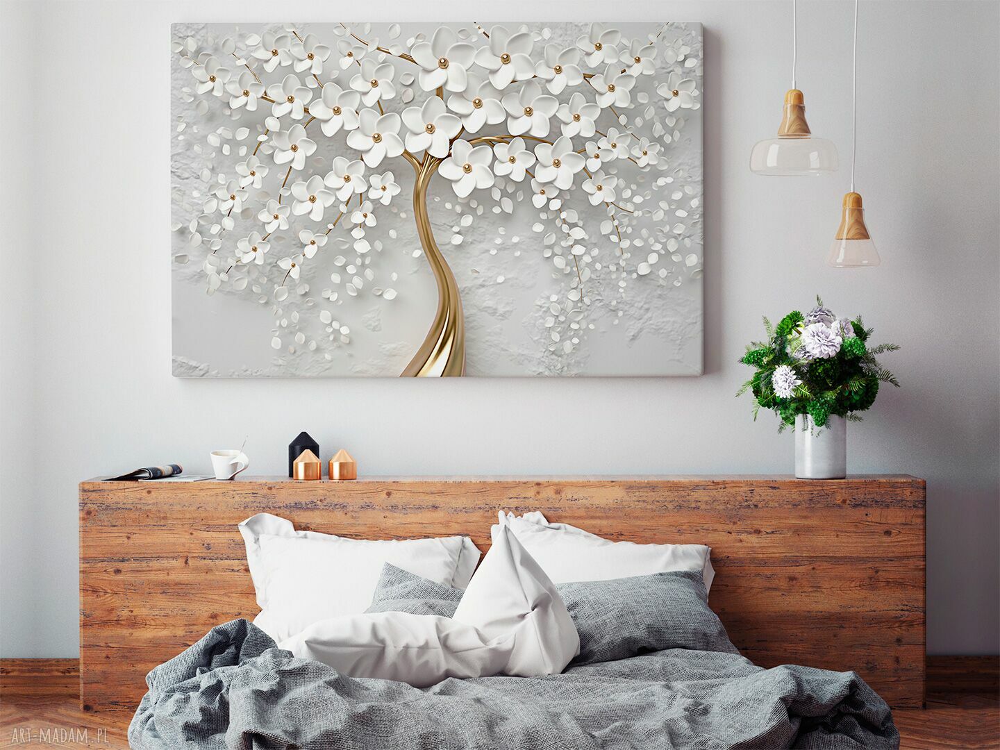 Obraz na płótnie Drzewo biało-złote kwiaty 120x80 cm - glamour