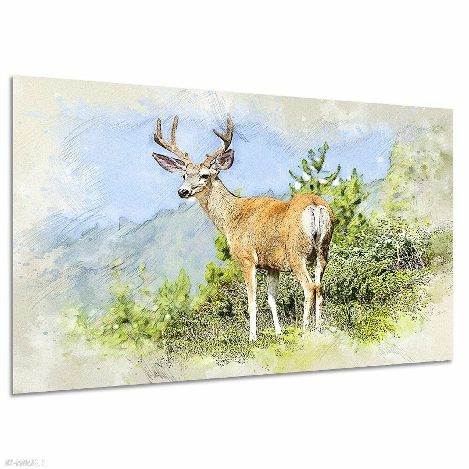 Obraz na płótnie z jeleniem - bieszczadzki szkic akwarelowy 120 x 80 cm