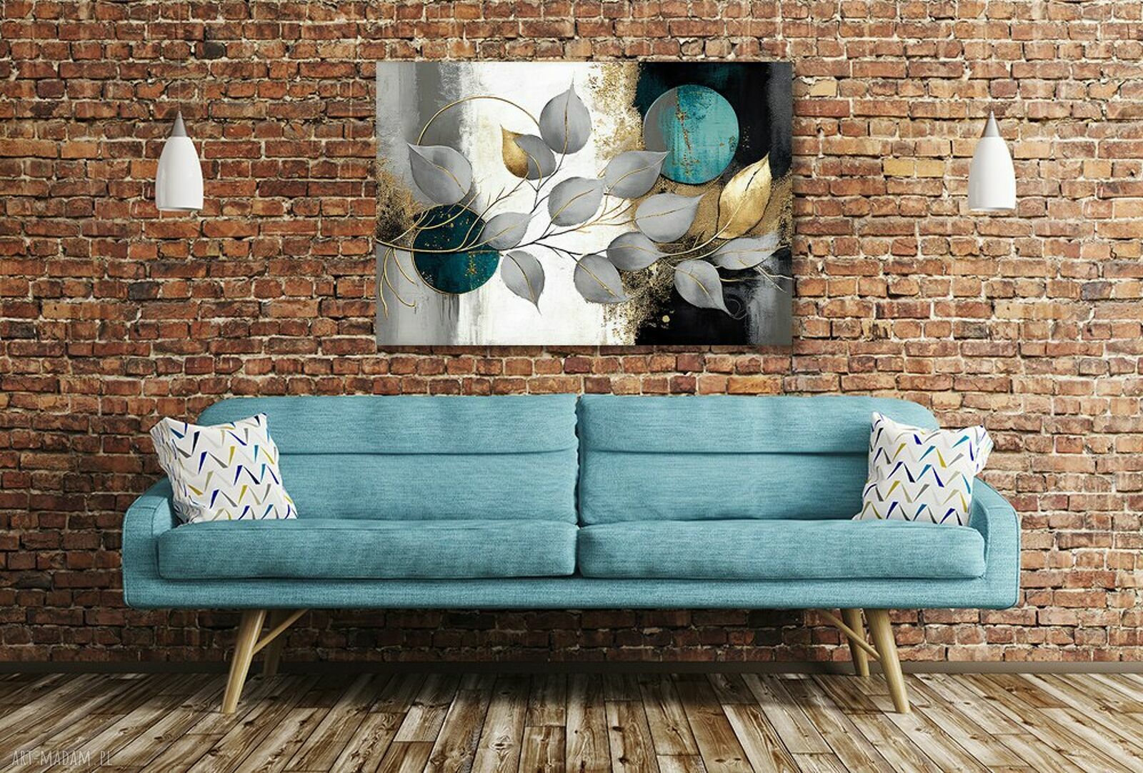 Obraz na płótnie Szare Liście - abstrakcja z turkusem i złotem 120x80 cm