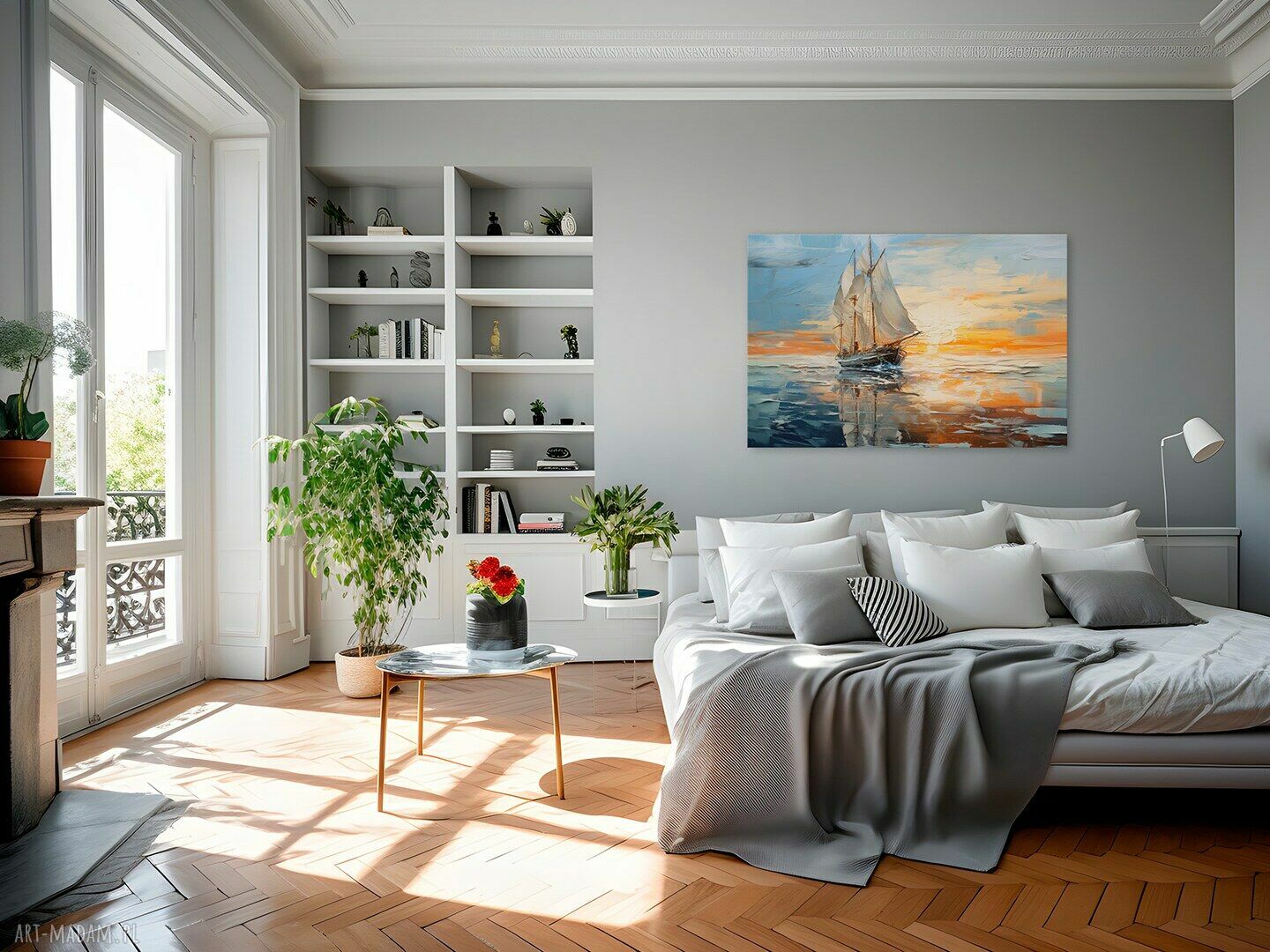 Obraz na płótnie - Statek, Morze i marynistyczny zachód słońca 120x80 cm