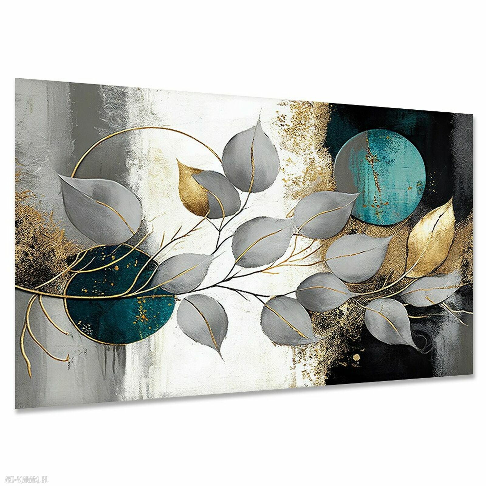 Obraz na płótnie Szare Liście - abstrakcja z turkusem i złotem 120x80 cm