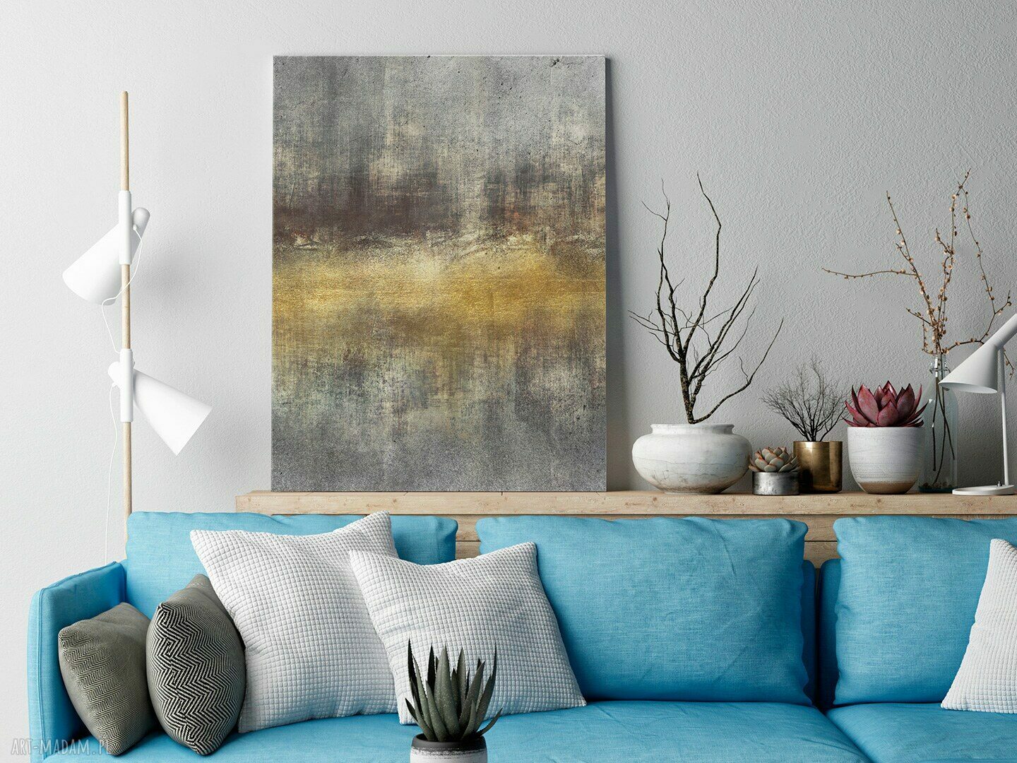 Abstrakcyjny obraz na płótnie w pionie 50x70 cm - żółto-szaro-złote akcenty