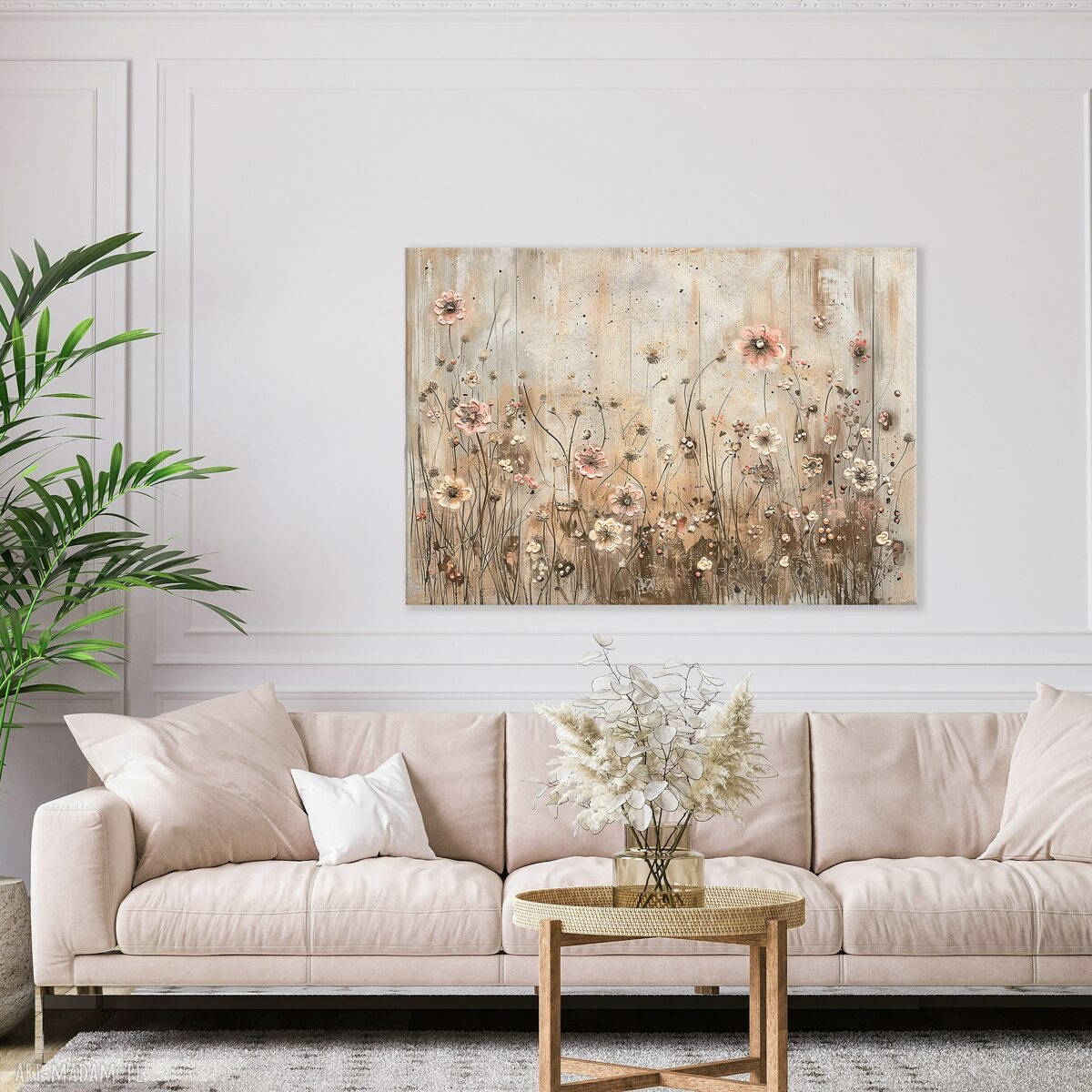 Obraz na płótnie 100x70 cm Pastelowe kwiaty na beżowej łące