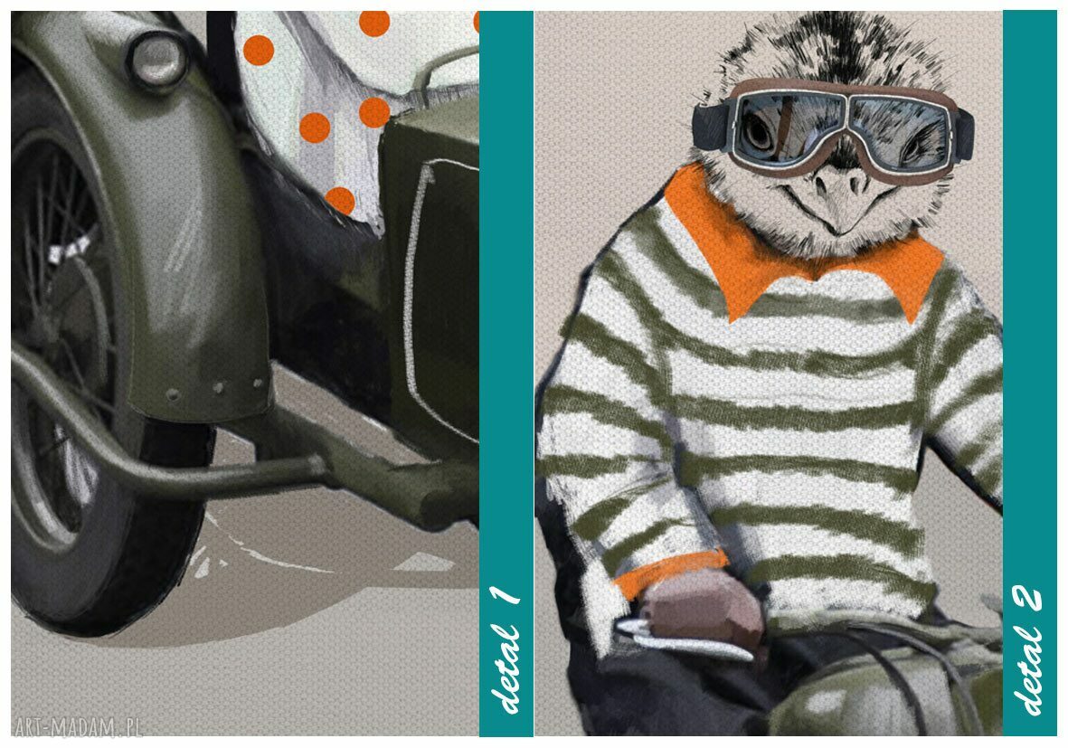 Kurczaki na motocyklu - obraz na płótnie 120x80 cm (gotowy do zawieszenia)
