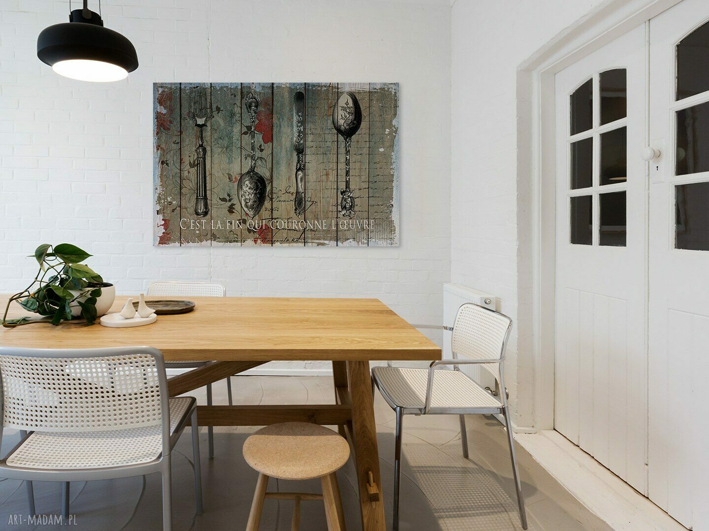 Obraz na płótnie - Sztućce Deski z francuskim napisem 90x60 cm