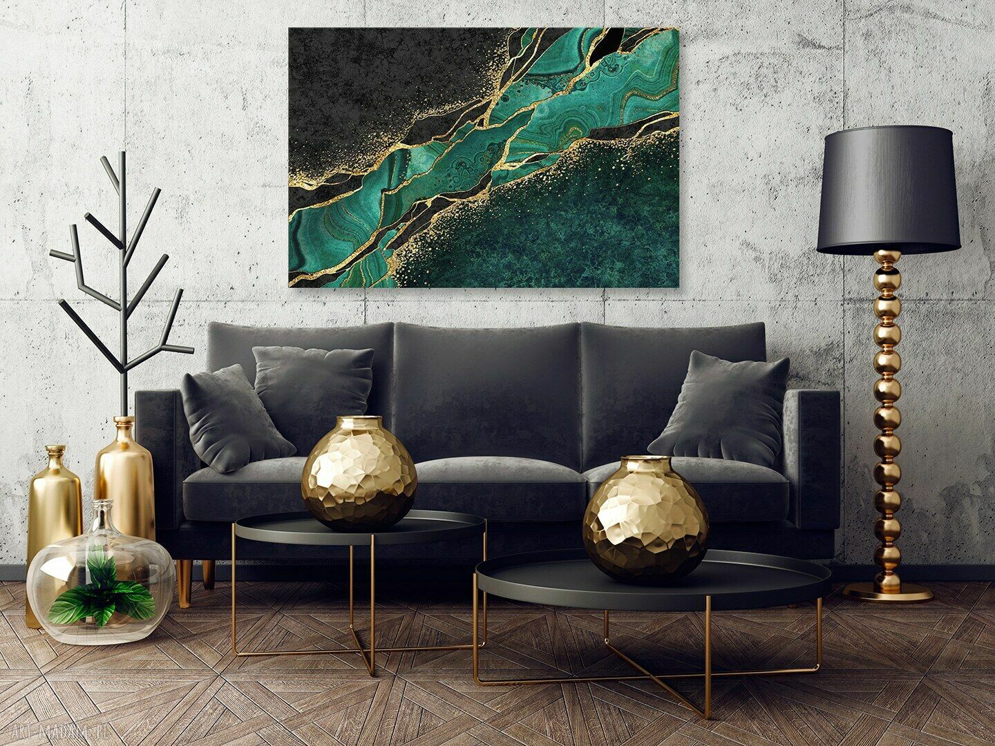 Luksusowy marmur zielony i złoto w czerni - obraz na płótnie 120x80 cm