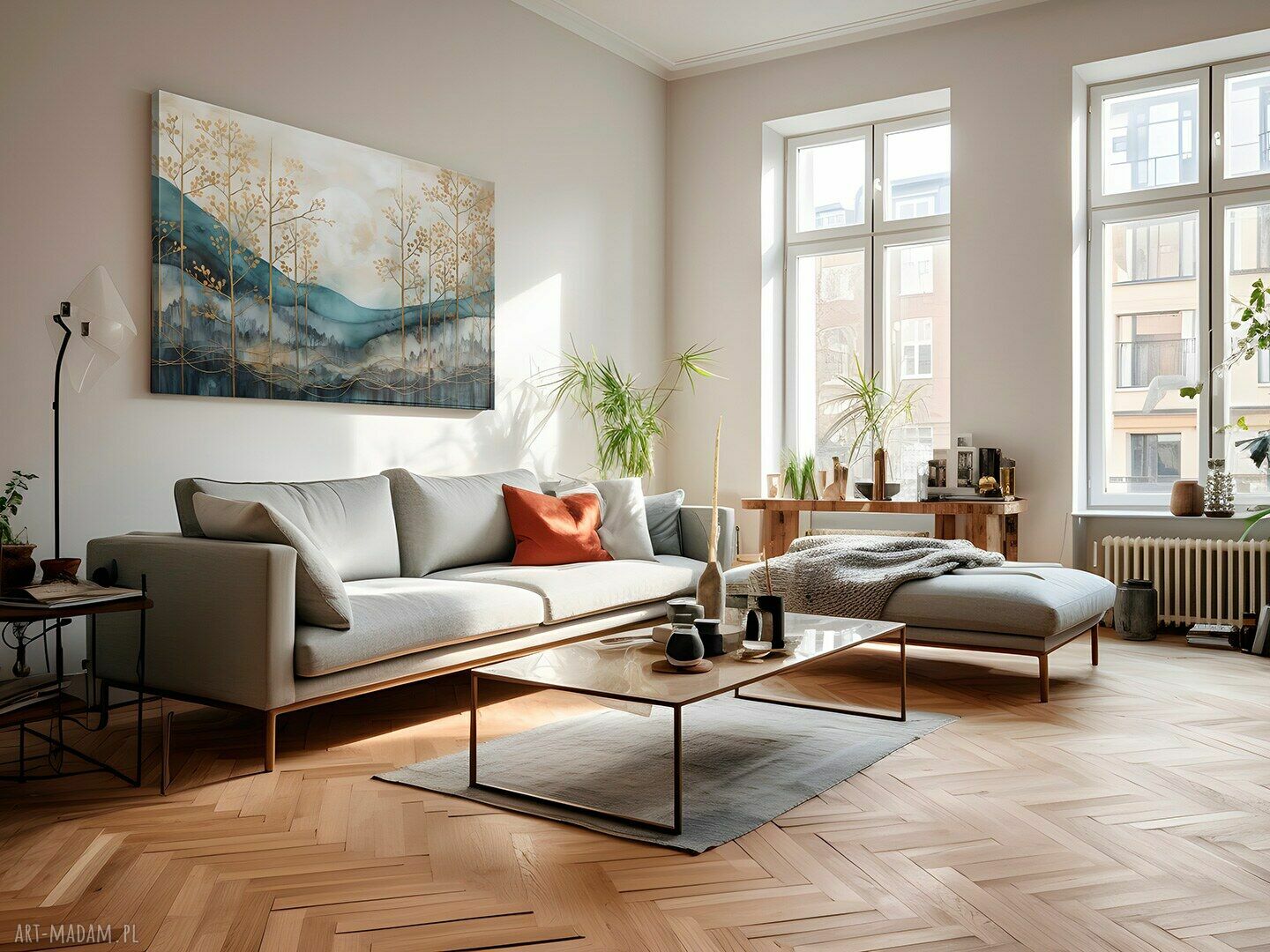 Turkusowy obraz na płótnie: las, góry i wzgórza 120x80 cm (103101)