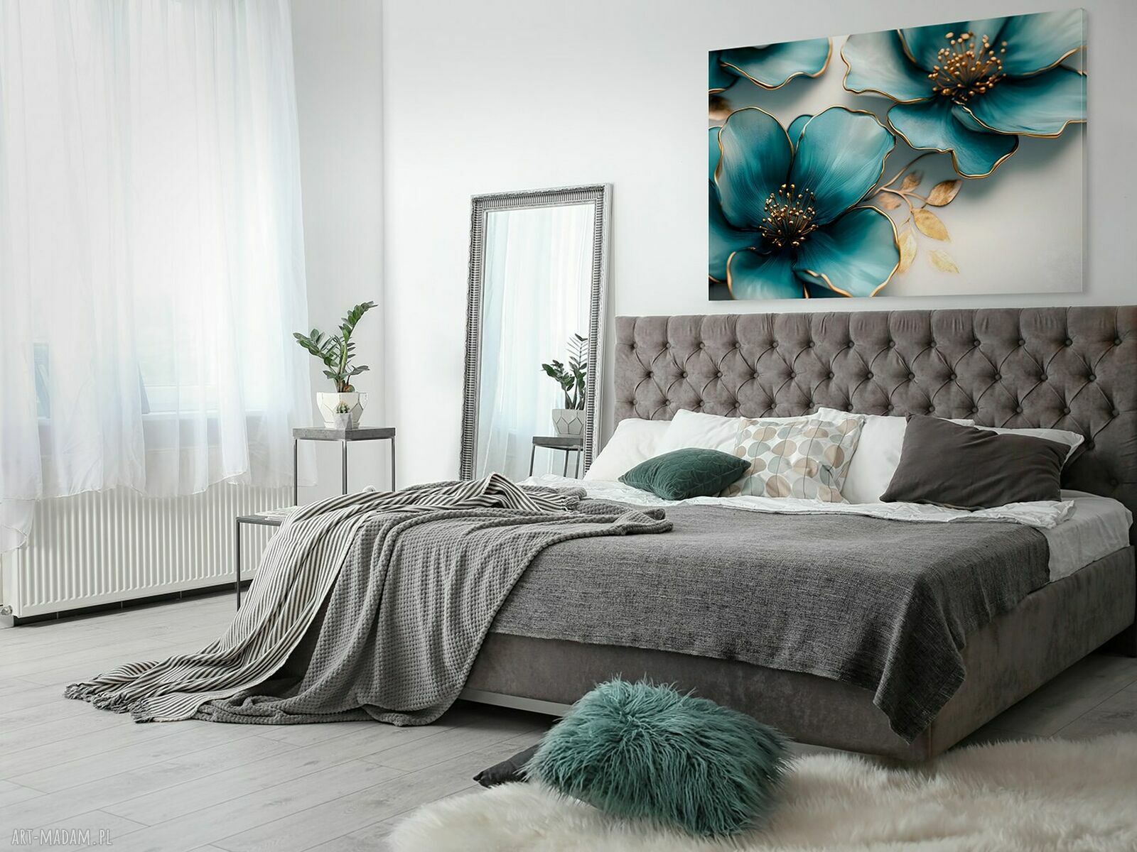 Obraz na płótnie Kwiat Glamour - biały, turkus i złoto 120x80 cm