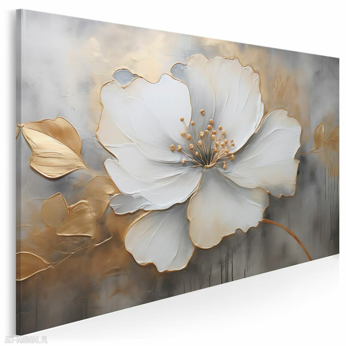 Kwiat Glamour - biały i złoty obraz na płótnie 120x80 cm