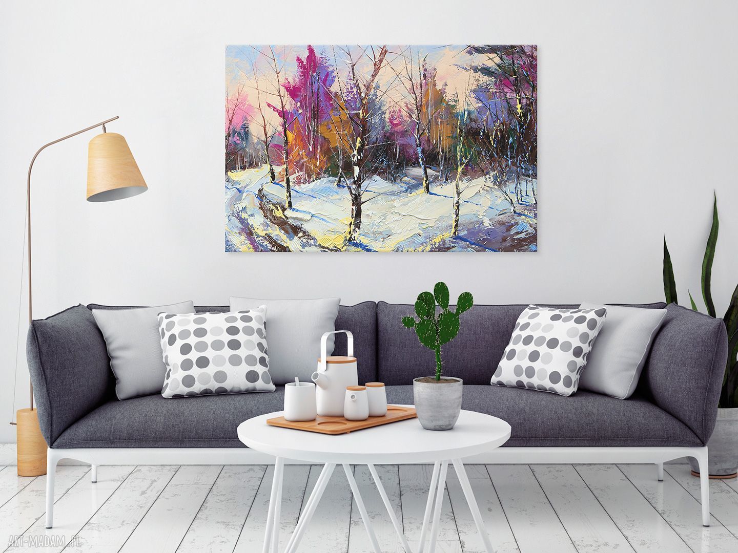 Obraz na płótnie - Las w śniegu, kolorowy klimat zimy 120x80 cm (2 cm)