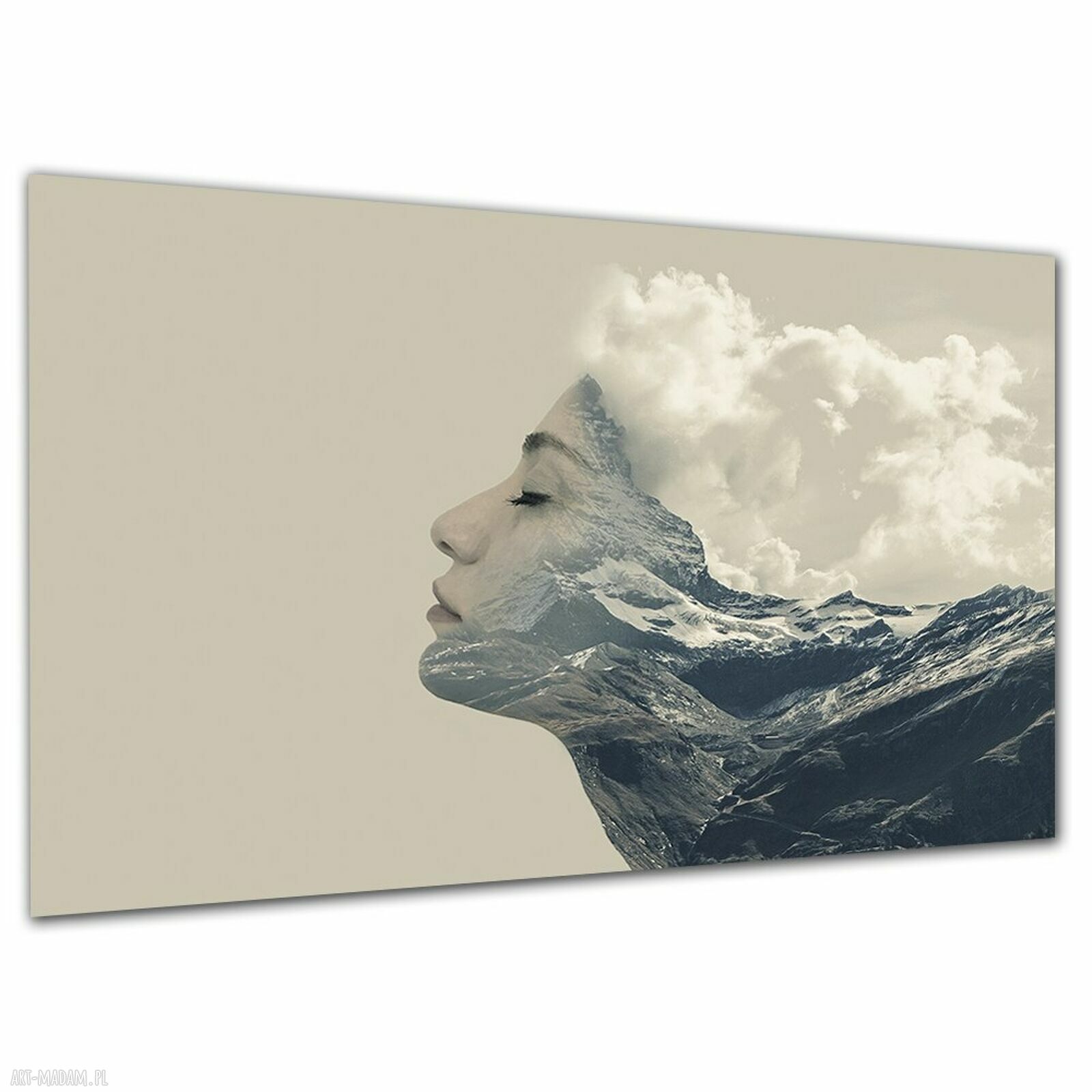 Surrealistyczny obraz na płótnie - góry i twarz w chmurach 120x80 cm