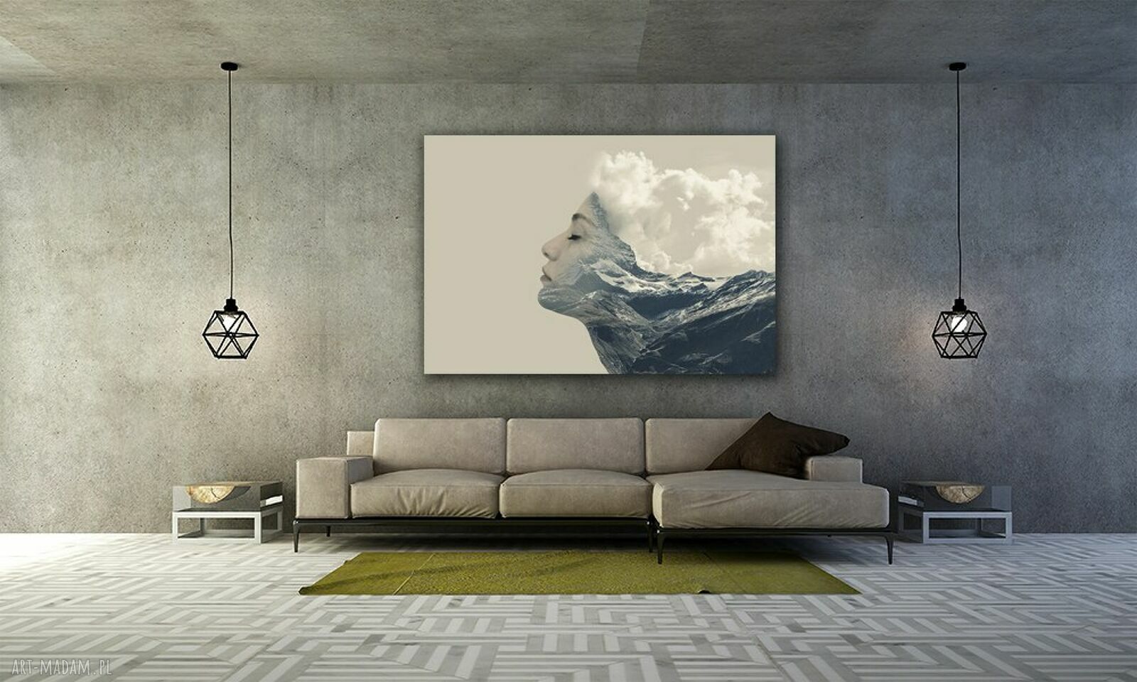 Surrealistyczny obraz na płótnie - góry i twarz w chmurach 120x80 cm