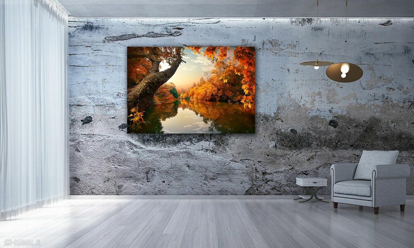 Jesienny obraz na płótnie z rzeką i lasem 120x80 cm