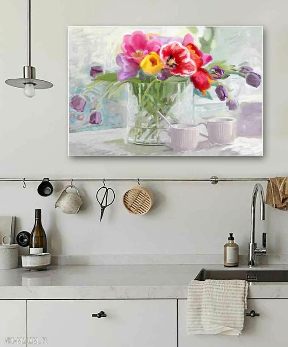 Obraz na ścianę Tulipany w wazonie 120x80 - pastelowy do salonu i sypialni