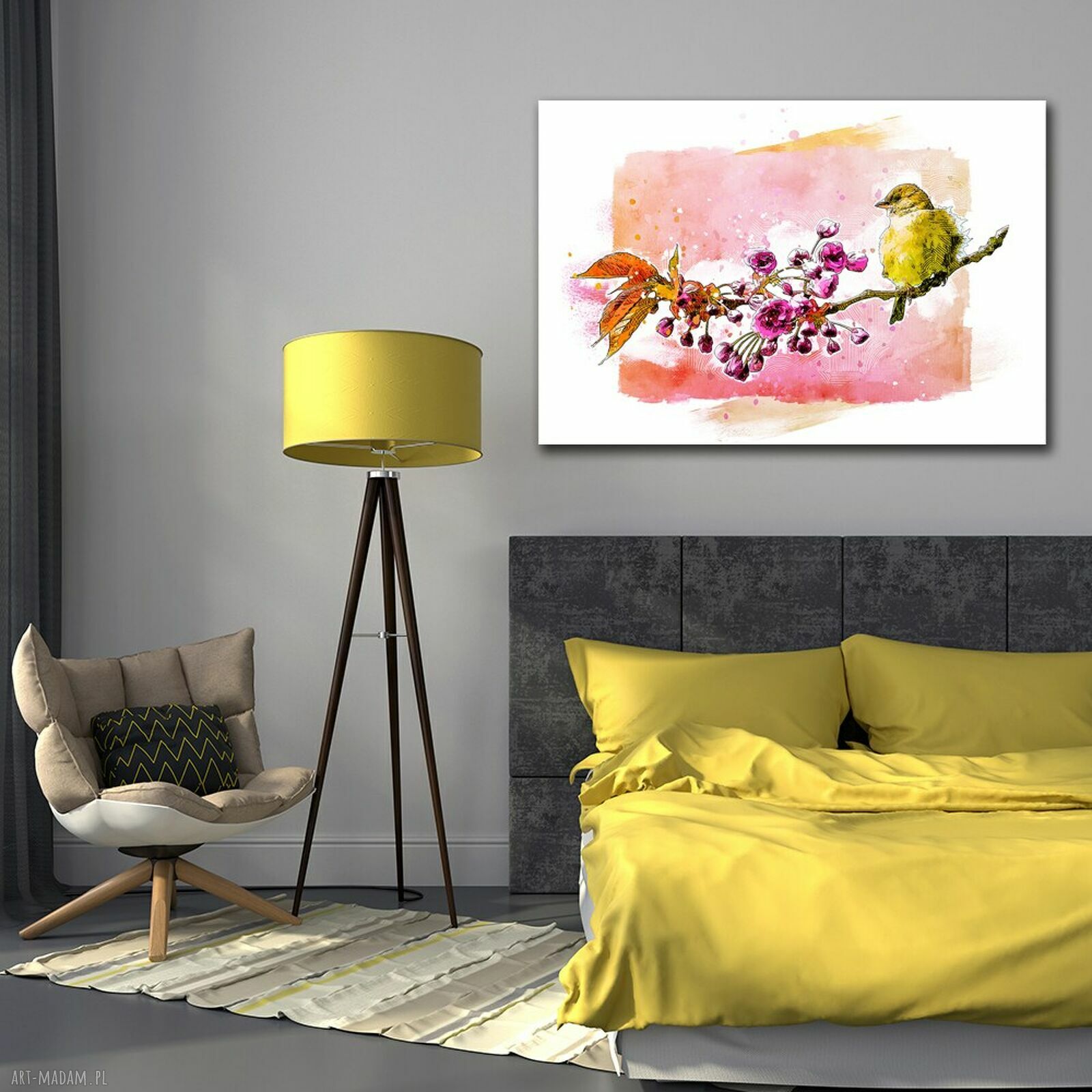 Obraz nad kanapę do sypialni - ptak i kwiaty na płótnie 120x80 cm