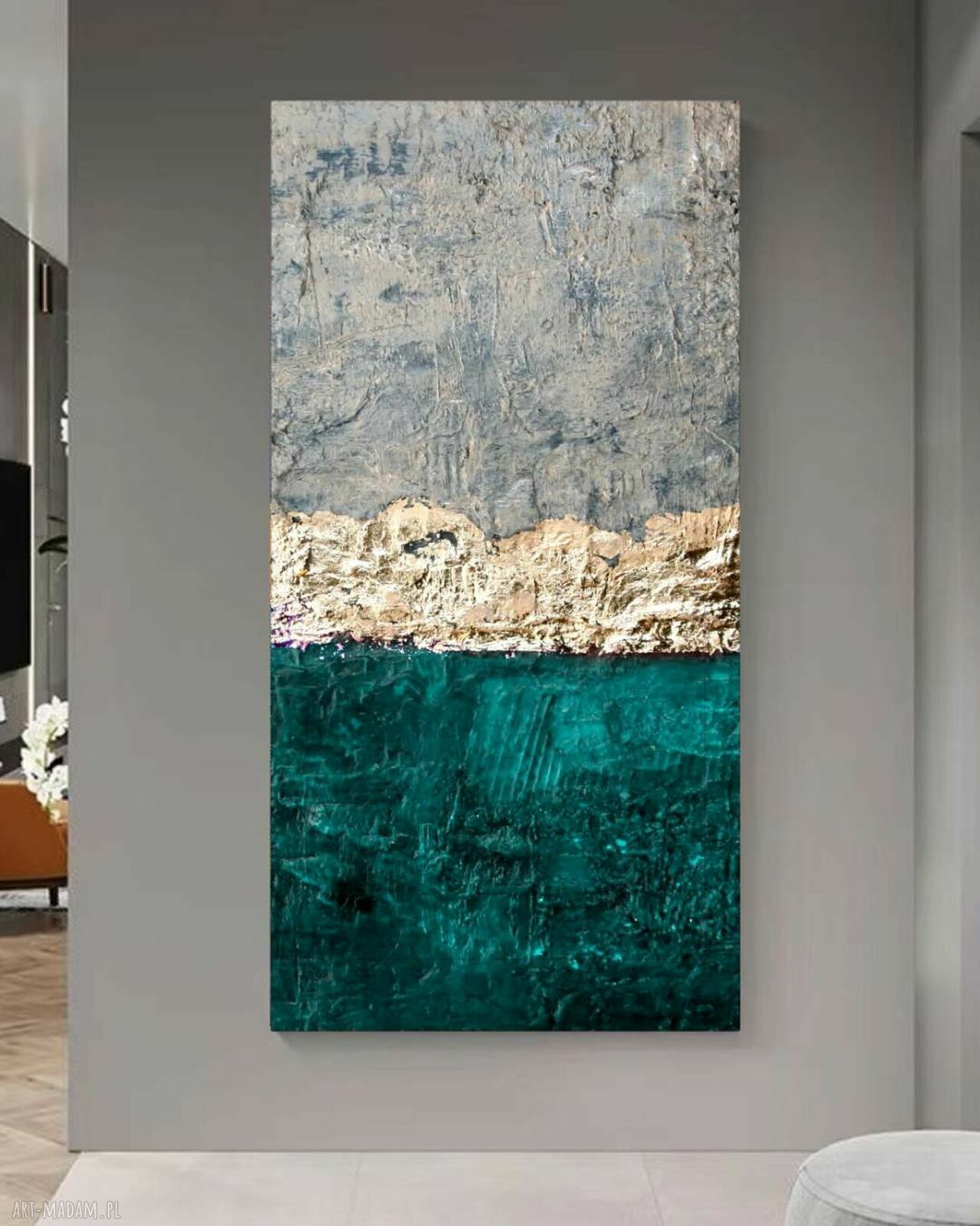 Duży obraz strukturalny 80x160 cm - turkus, złote akcenty i brudna biel
