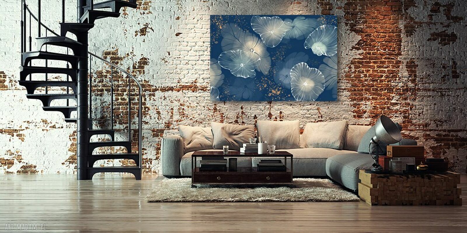 Granatowo-złoty obraz na płótnie z liśćmi lotosu 120x80 cm