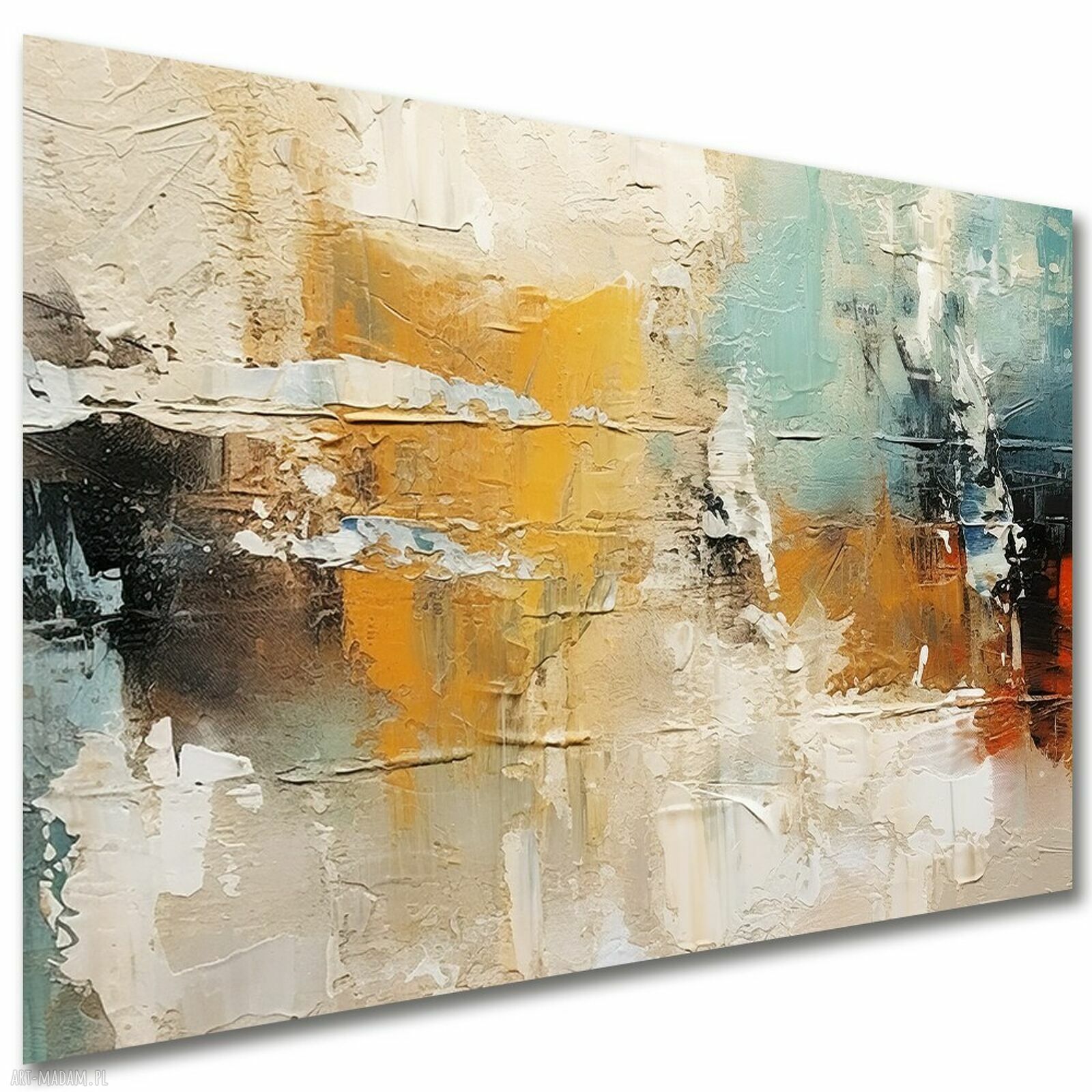 Nowoczesny obraz abstrakcyjny do salonu - turkus, złoto i żółć 120x80 cm