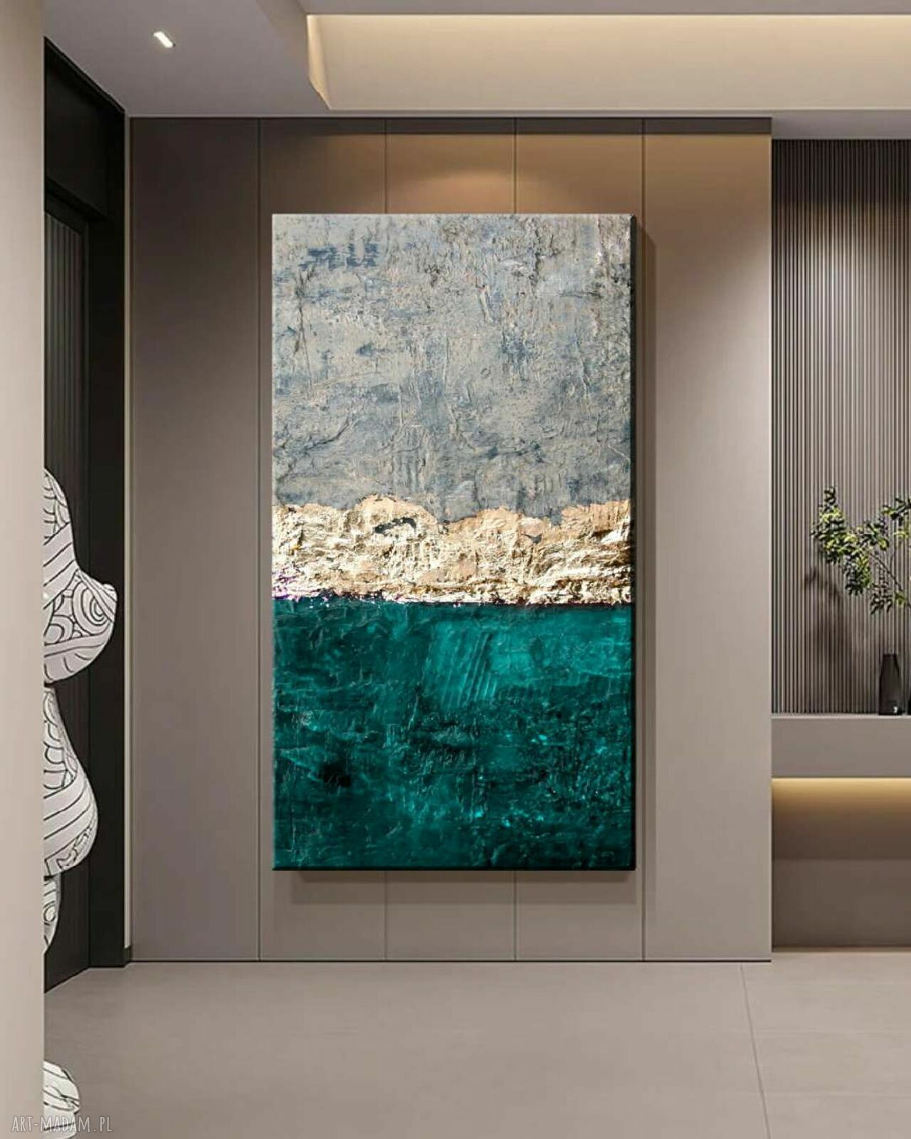 Duży obraz strukturalny 80x160 cm - turkus, złote akcenty i brudna biel