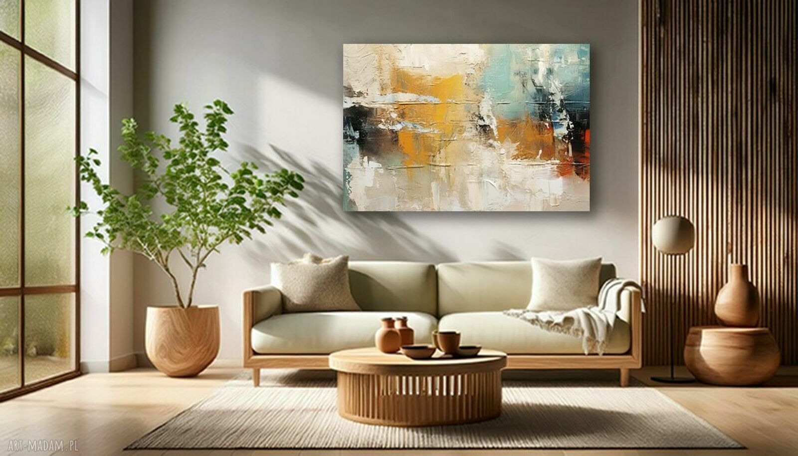 Nowoczesny obraz abstrakcyjny do salonu - turkus, złoto i żółć 120x80 cm