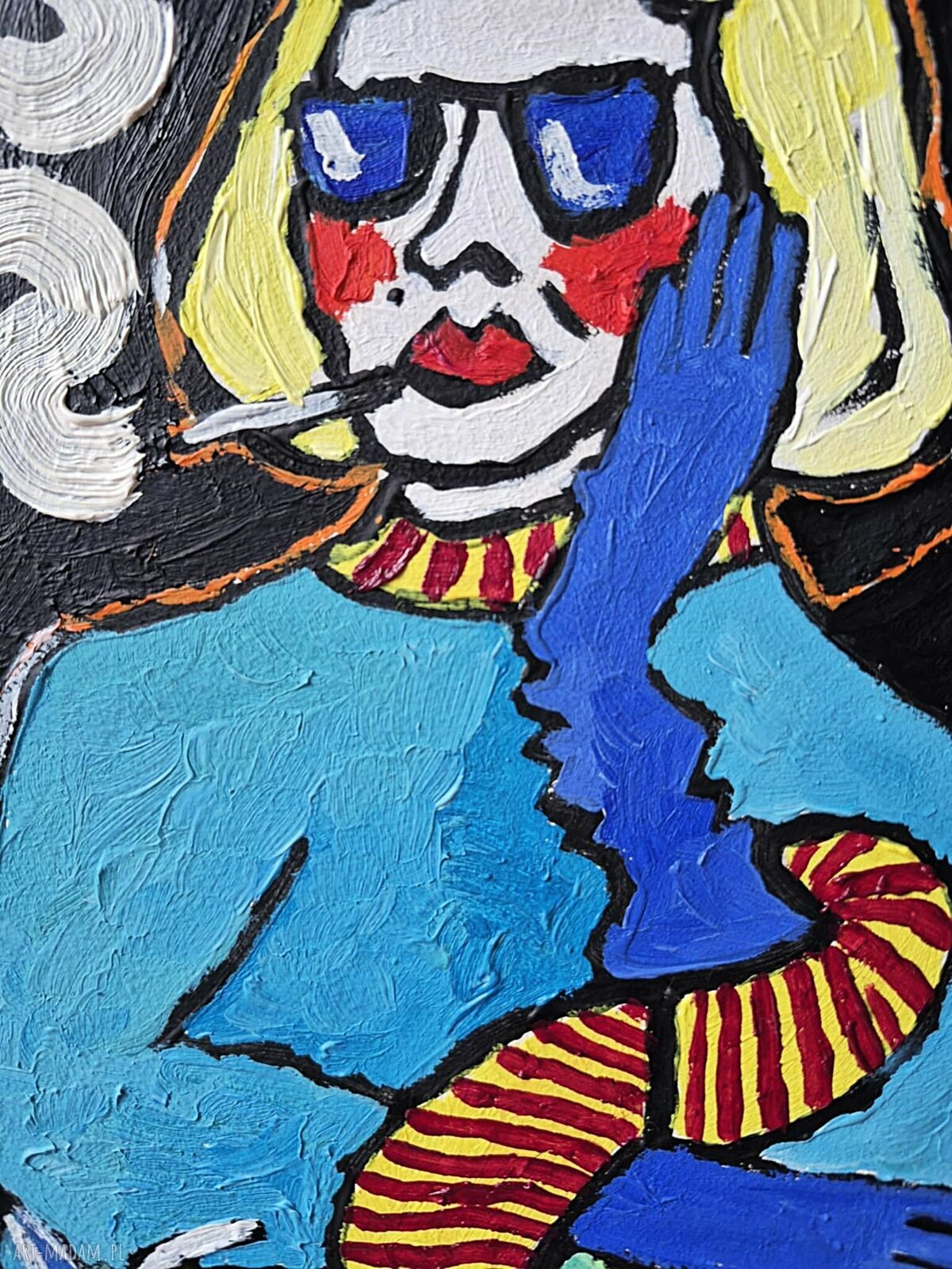 Obraz olejny Babcia przy zielonym stole z kotem limitowana edycja 21 x 29 cm