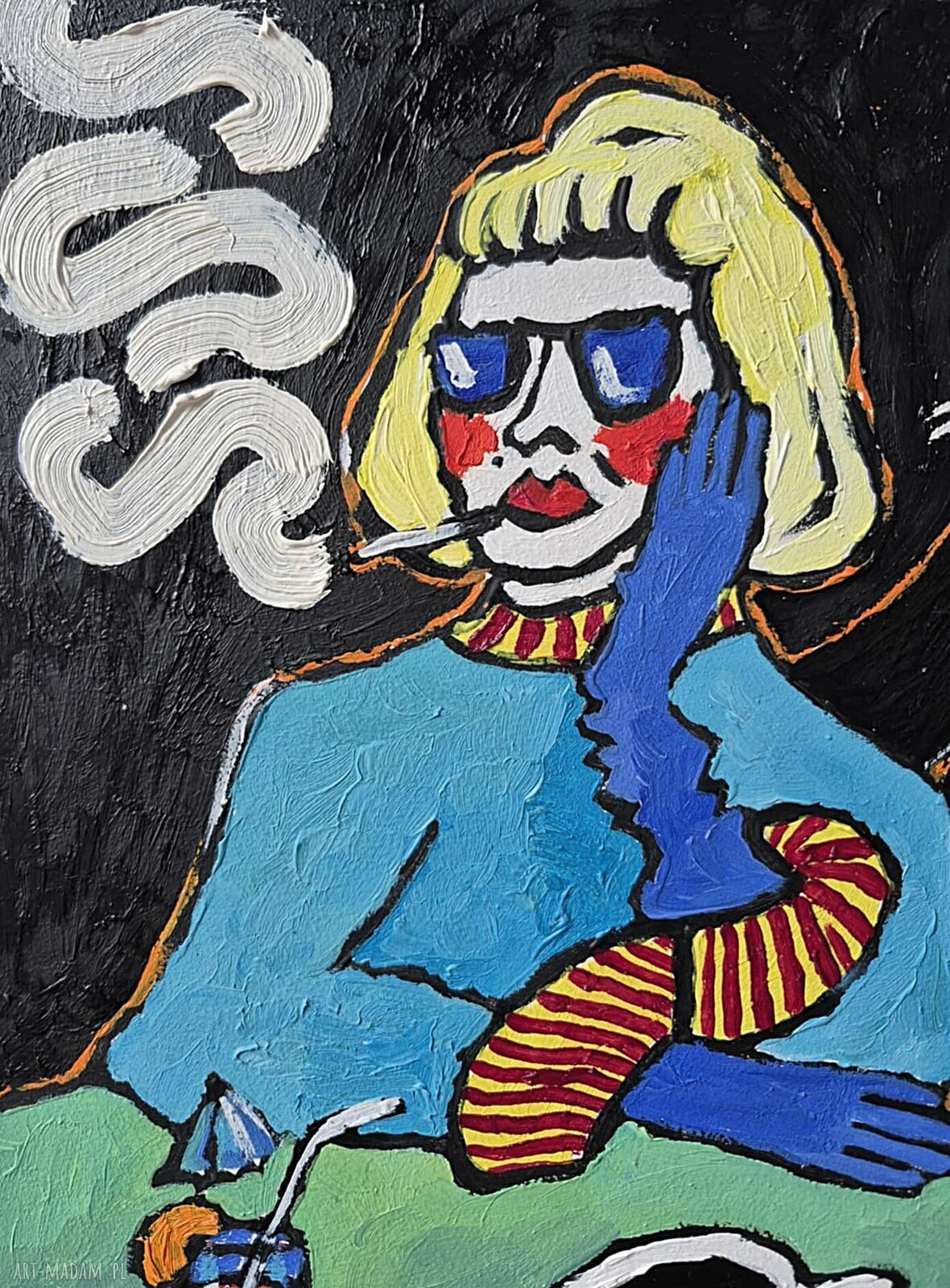 Obraz olejny Babcia przy zielonym stole z kotem limitowana edycja 21 x 29 cm