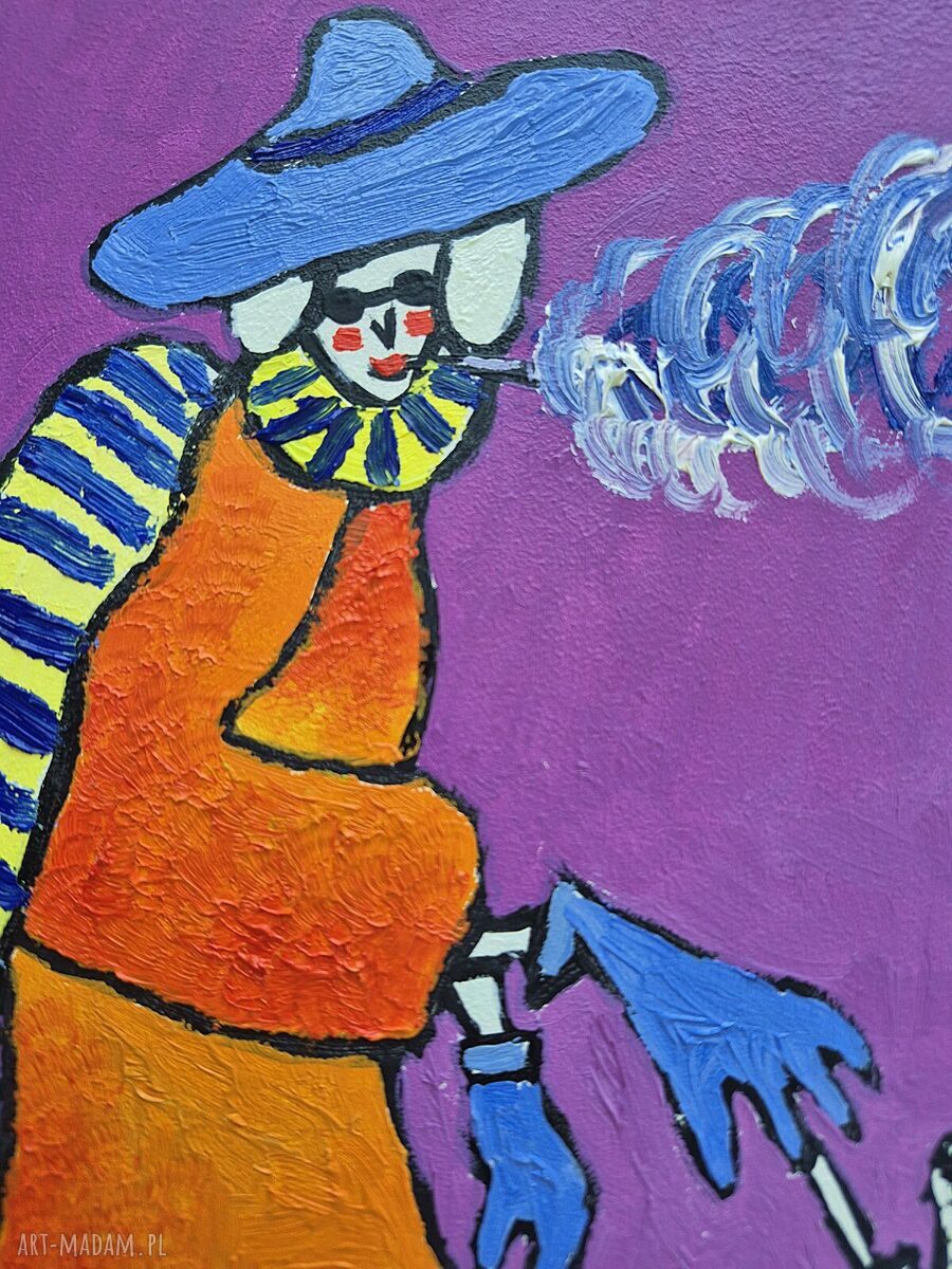Obraz olejny „Babcia z pieskiem na spacerze” ręcznie malowany na zamówienie 21x29 cm