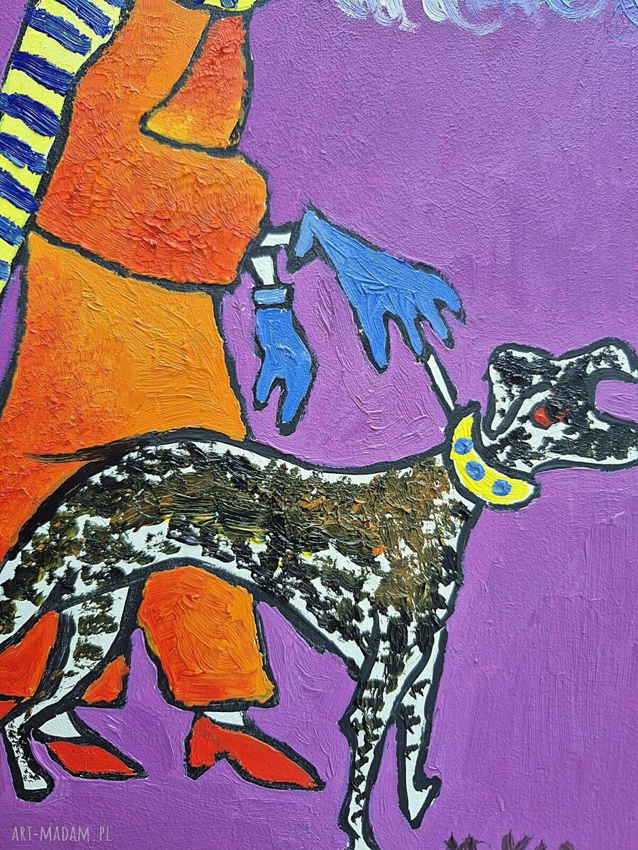 Obraz olejny „Babcia z pieskiem na spacerze” ręcznie malowany na zamówienie 21x29 cm