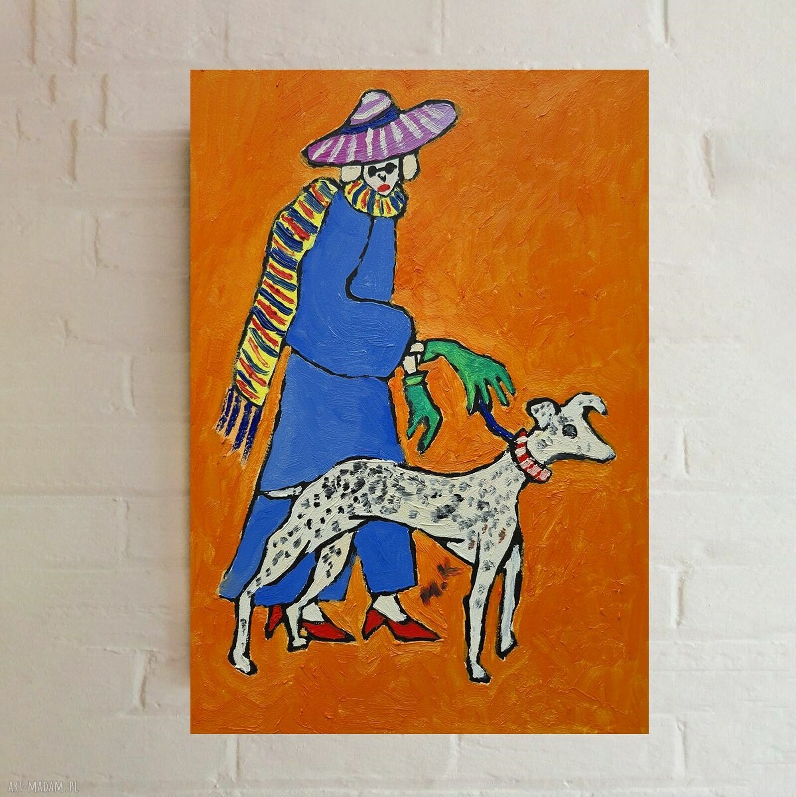 Obraz olejny „Babcia z pieskiem” - życie jest fun, ręcznie malowany 21x29 cm