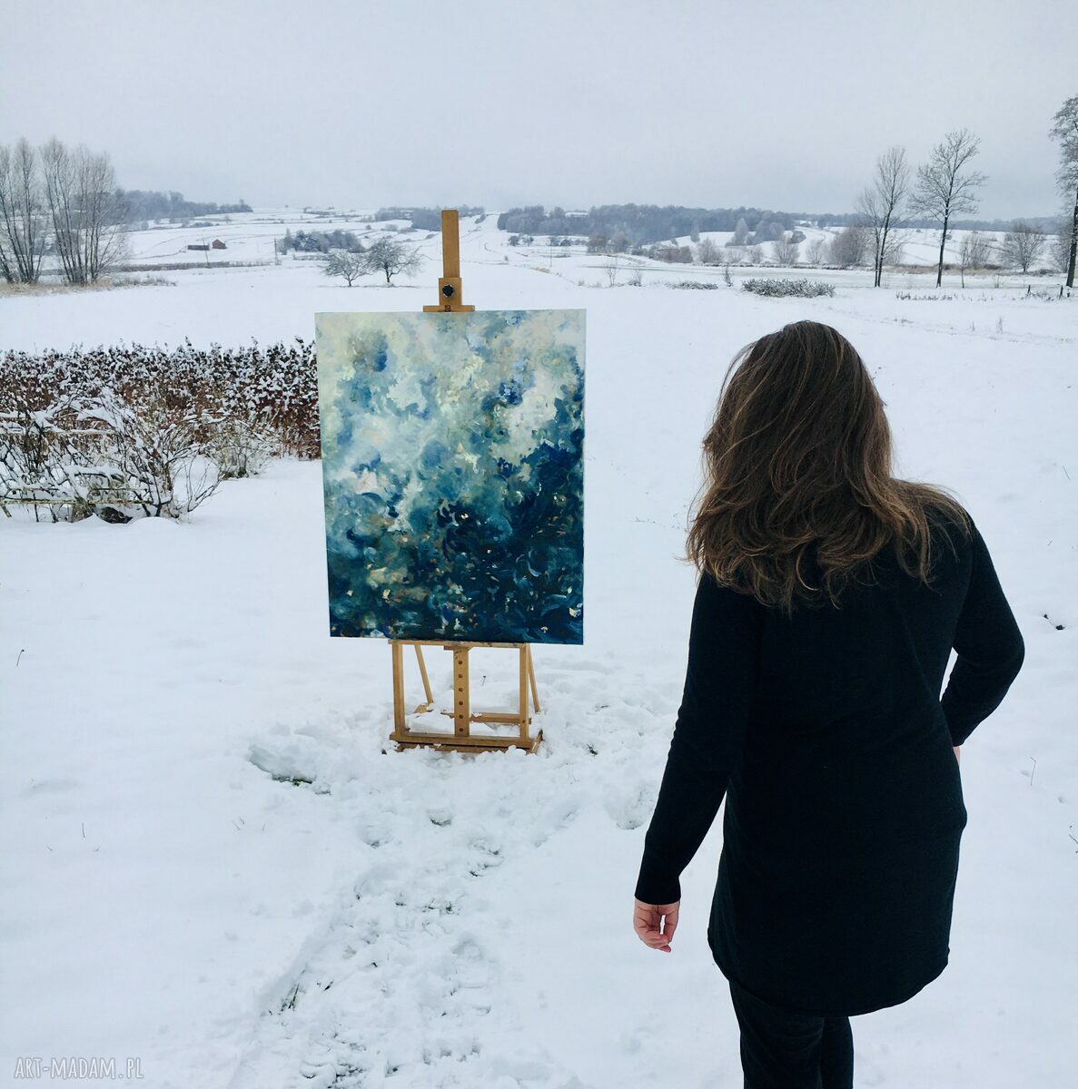 Obraz olejny BŁYSKI - granatowo-złote chmury 120 x 100 cm