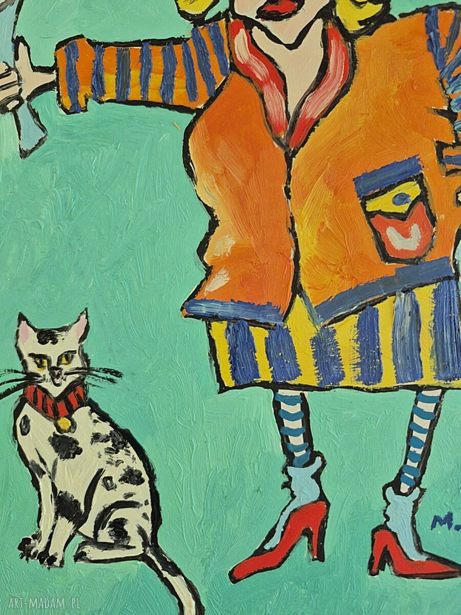 Obraz olejny „Dama i kot” dla Babci i Dziadka 21x29 cm